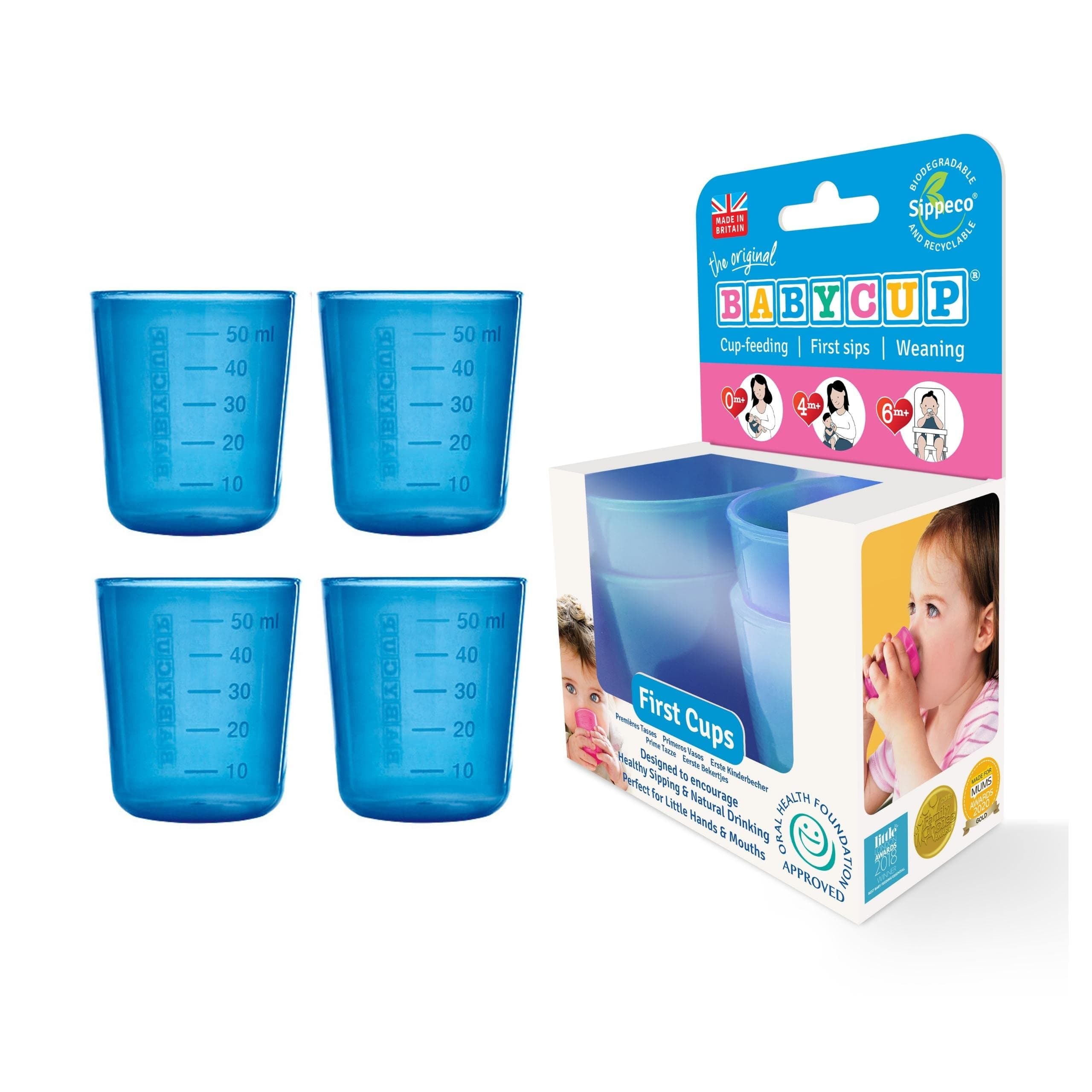 BabycupToddler and Baby First Cup, Mini Size for Sipping, Free Flow Sippy Cup 4 Months+ 50ml (4pk Blue)