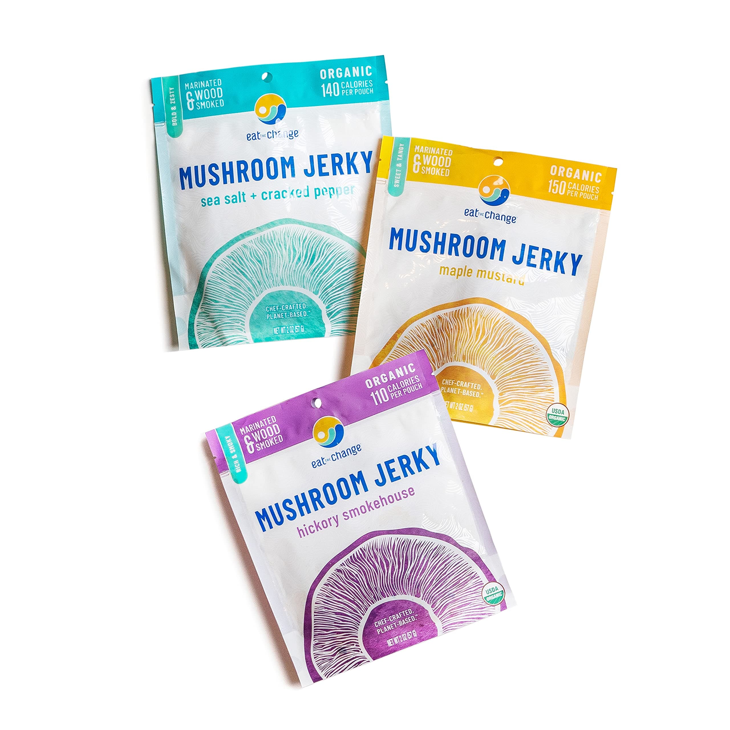 EAT THE CHANGE Mushroom Jerky Best Sellers Variety Pack | 150 Calories or Less Per Bag, Planet Based Organic and Chef Crafted | Pack of 3 2oz Bags