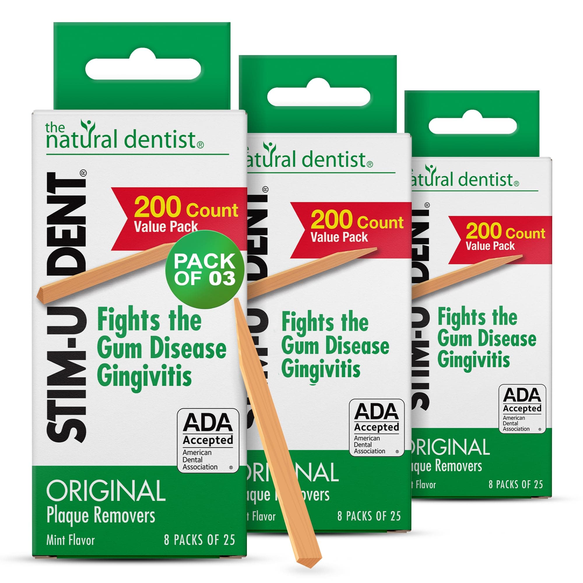 The Natural Dentist Stim-U-Dent Mint Dental Picks, Wooden Toothpicks for Food & Plaque Removal, Travel-Friendly, 24 Packs of 25 (600 Picks)