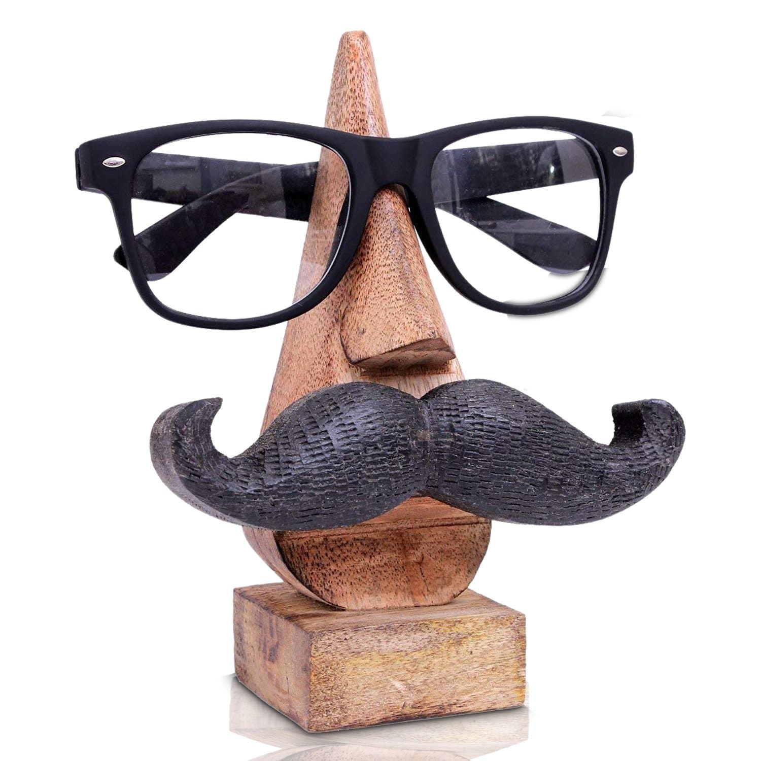 Wooden Hand Carved Classic Sheesham Nose-shaped Eyeglass Spectacle Holder with Black Mustache Perfect