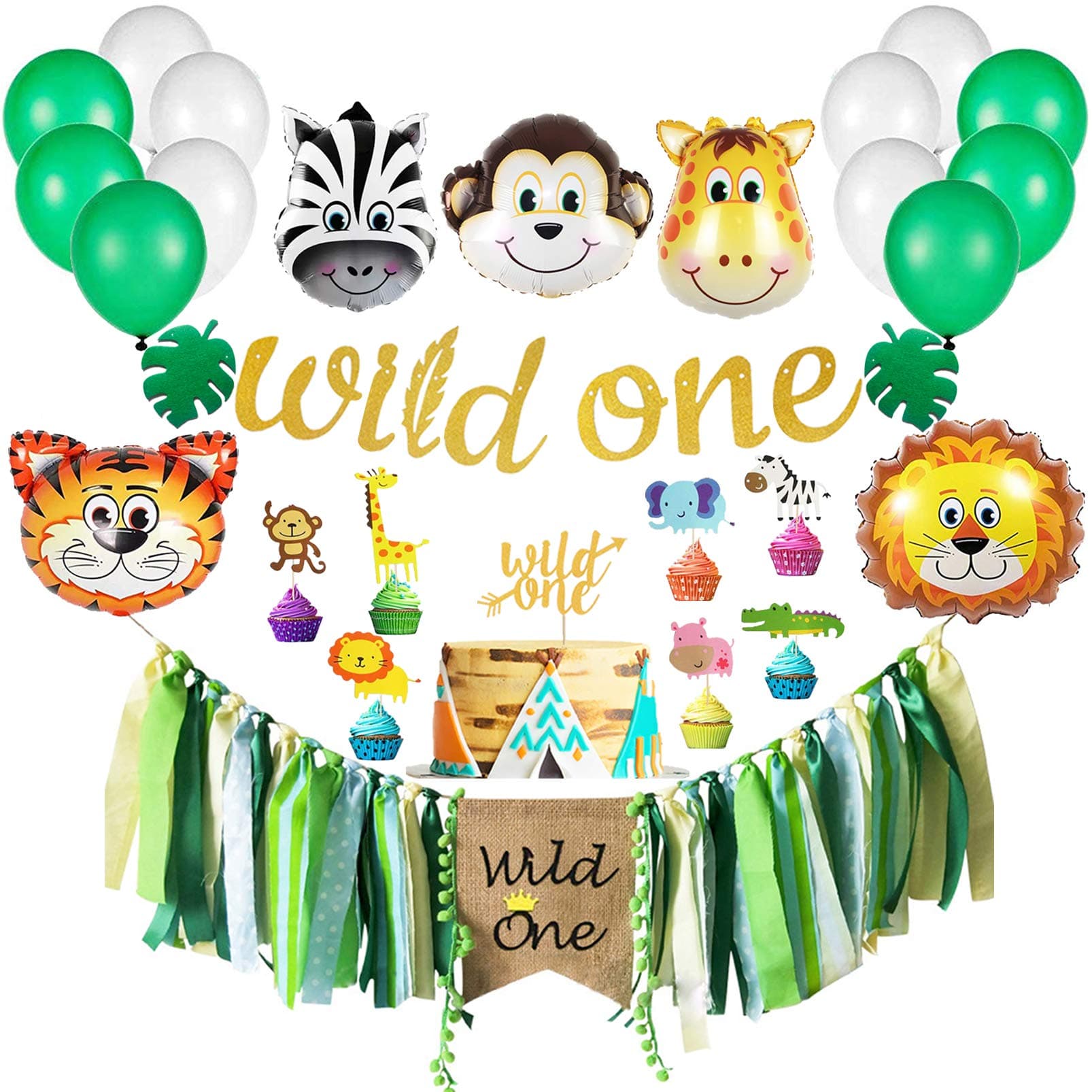 Lonar Wild One First Birthday Party Supplies, Wild One Gold Glitter Banner, Wild One Highchair Banner, Animal Head Balloons, Kids 1st Birthday Party Decorations with Animals Cupcake Topper.