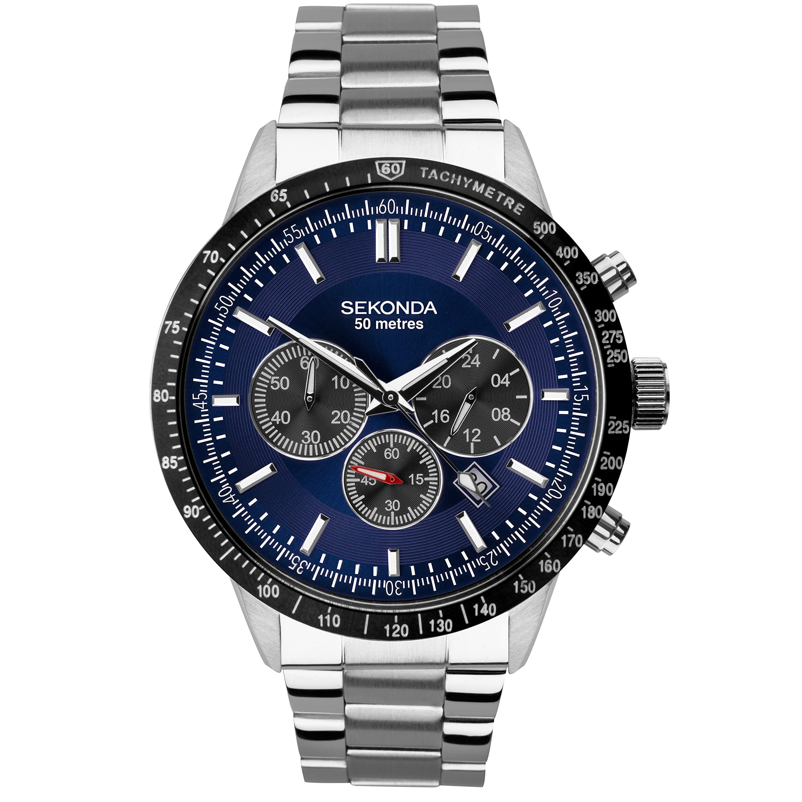 Sekonda Men's Chronograph Watch, Blue dial with Stainless Steel Silver Bracelet 1970