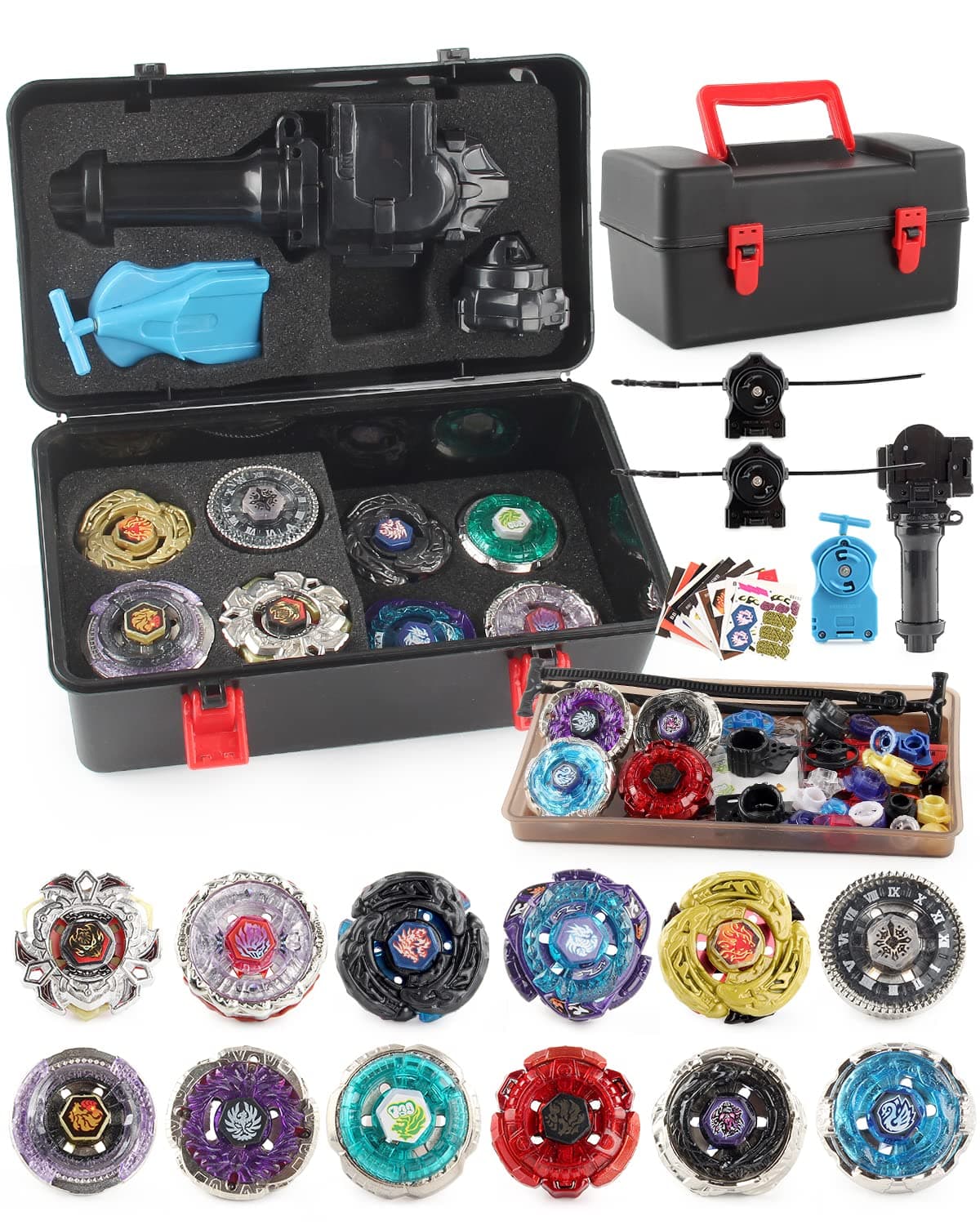 Battling Top Stadium Set, 6 Metal Fusion Spinning Tops, 2 Launchers, 1 Battle Arena with DIY Sticker, Combat Game Toys Gift for 6+ Years Old Kids (TUOLUO12)