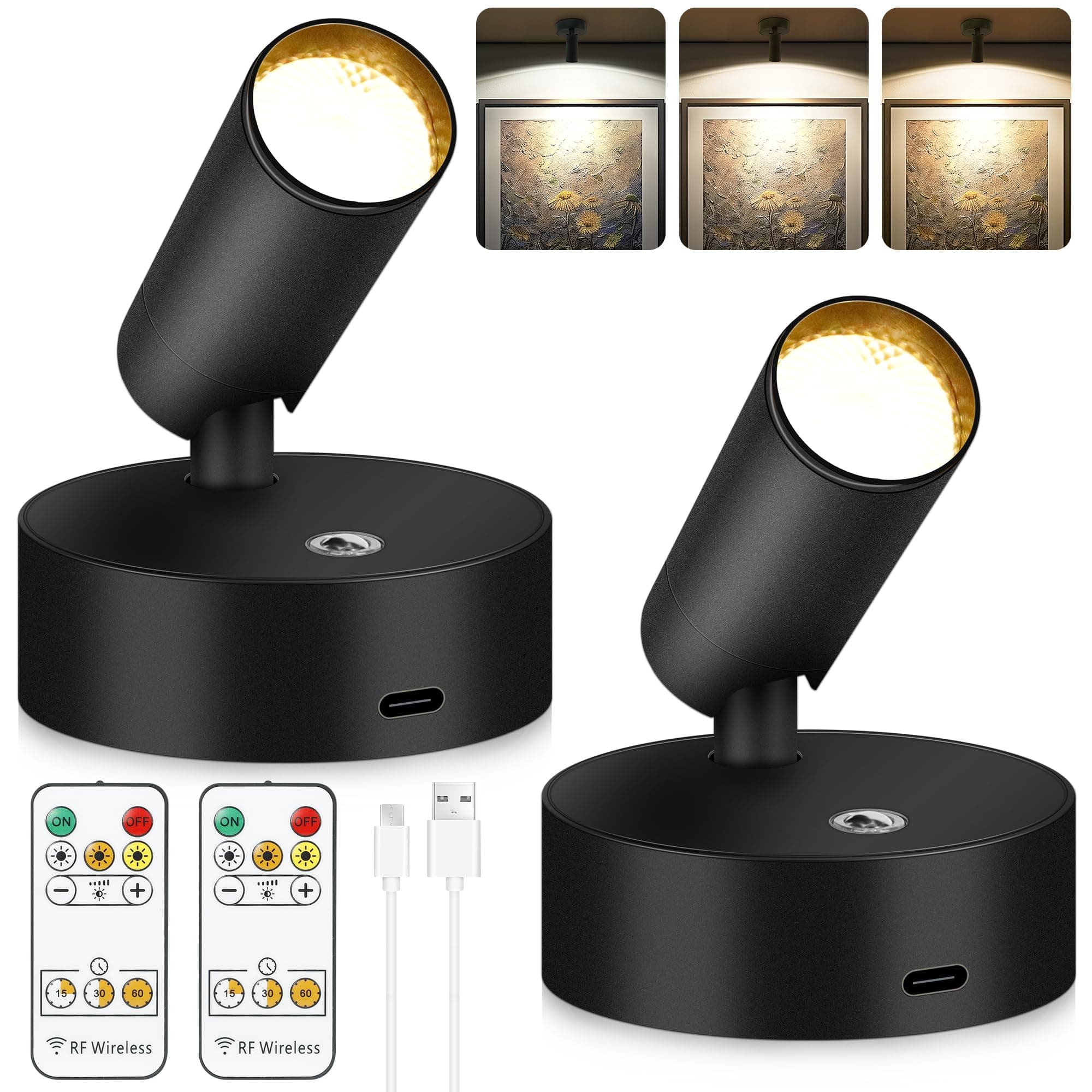 2-Pack Wireless Spotlight Indoor, LED Plant Lights Decor with Rechargeable Battery Operated, 3CCT Tree Lights with Remote Control Timer&Dimmable, Accent Uplighting Indoor for Plant, Picture, Wall Art