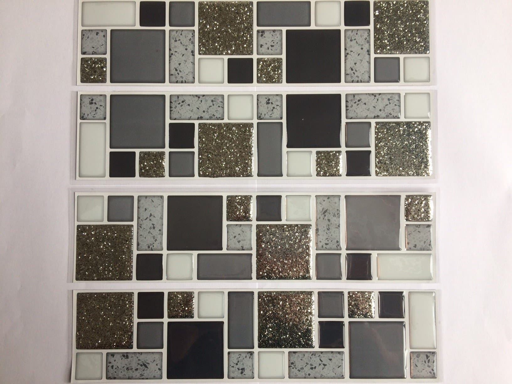Mantiburi Reusable Adhesive Glitter Grey Silver Black White Charcoal Chrome Mosaic Tile Decals/Stickers/Transfers/Edging 4 x (25.4cm (Length) x 6.3cm (Width) for Floor Slabs Ceramic Walls Peel and stick. Transform your bathroom and save money on your bathroom kitchen wall/floor make-overs.