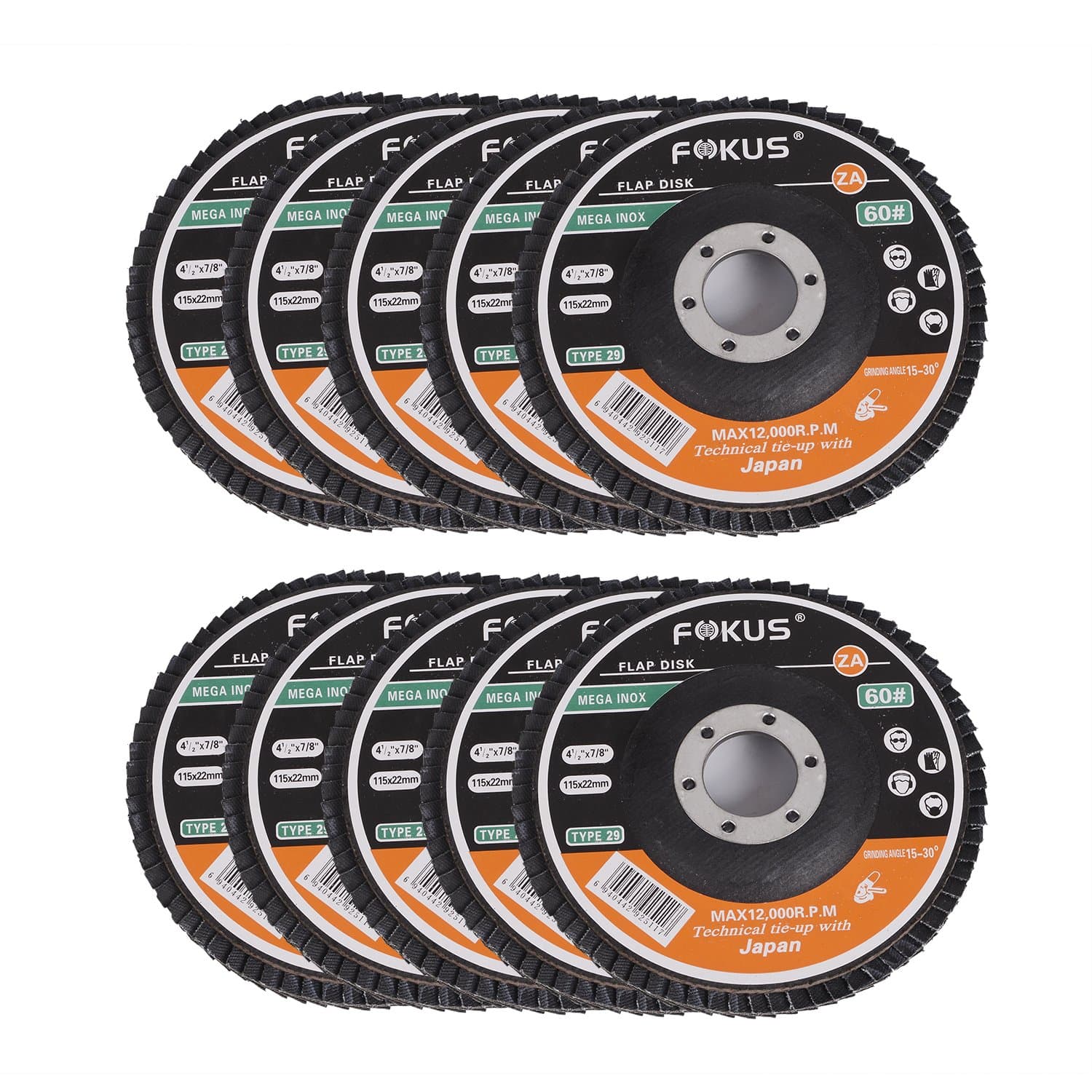 Fokus 10 Pack 4-1/2''x 7/8'' Premium Zirconia Flap Disc Grinding Wheel Type 29 Angel Grinder (Grit 60#)
