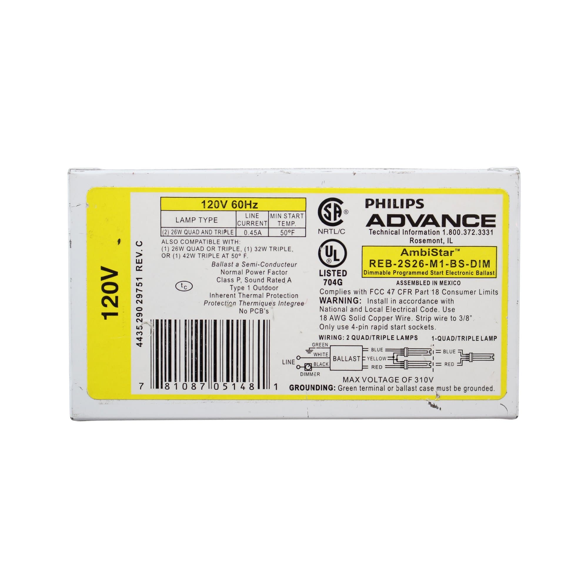 Advance REB-2S26-M1-BS Dimmable Electronic CFL Fluorescent Ballast, 26W, 2 Lamp
