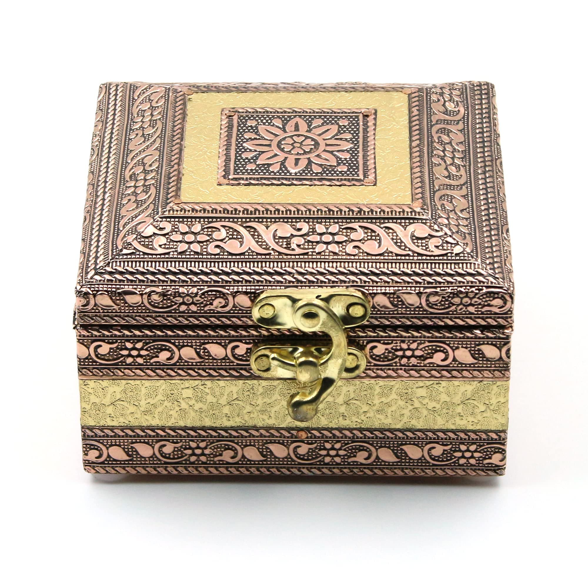 macsen Jewellery Box Wooden Storage Organizer Anniversary Gift Wedding Gift Vanity Box Bangle Earrings Necklace Multi-Purpose use for Women (1 Section, Golden+Copper, 4in x 4in x 2.5in)