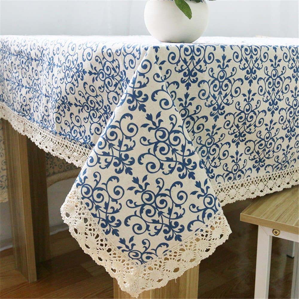 Superwinger Classic Linen Cotton Blue Flower Printed Tablecloth Dustproof Rectangular Table Cloth Wedding Party Hotel Table Cover,Assorted Size