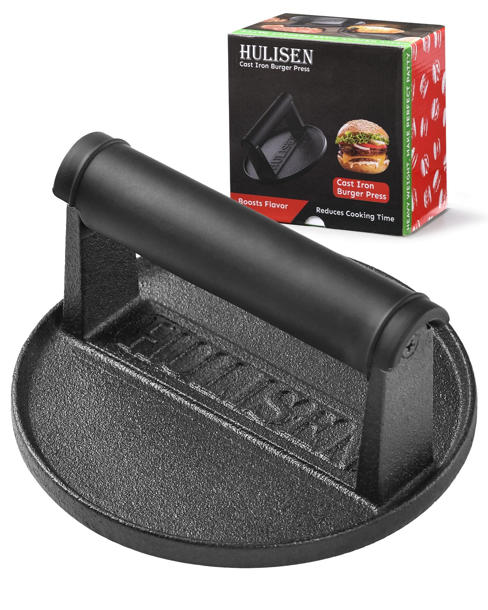 Pre-Seasoned Cast Iron Burger Press, Heavy Duty 6” Burger Smasher for Griddle with Heat Resistant Handle, Grill Press for Hamburger, Bacon, Meat, Steak, Patty, Barbecue Grilling Tool, 2.3lb