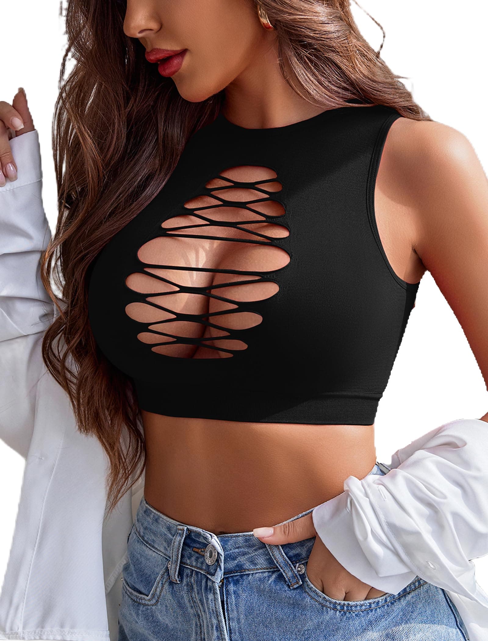 Women's Fishnet Top Sexy Cut Out Crop Short Hollow Out Cropped Tank Top(S M L)