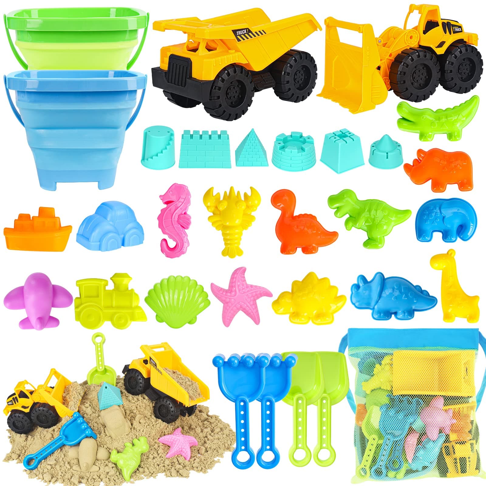 Beach Toys, Sand Toys for Kids Boys and Girls with 2 Construction Vehicle, 2 Collapsible Bucket, Sand Castle Building Kit, Sand Molds, Mesh Bag, Outdoor Toys for Kids Ages 4-8