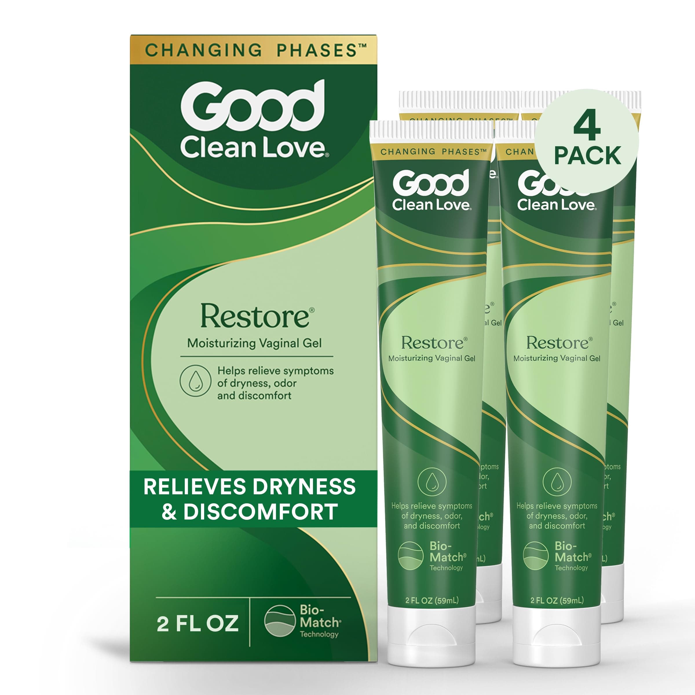 Good Clean Love Restore Moisturizing Vaginal Gel, pH-Balanced Vaginal Moisturizer, Water-Based Feminine Care with Aloe Vera & Lactic Acid, Reduces Dryness, Discomfort & Odor for Women, 2 Oz (4-Pack)