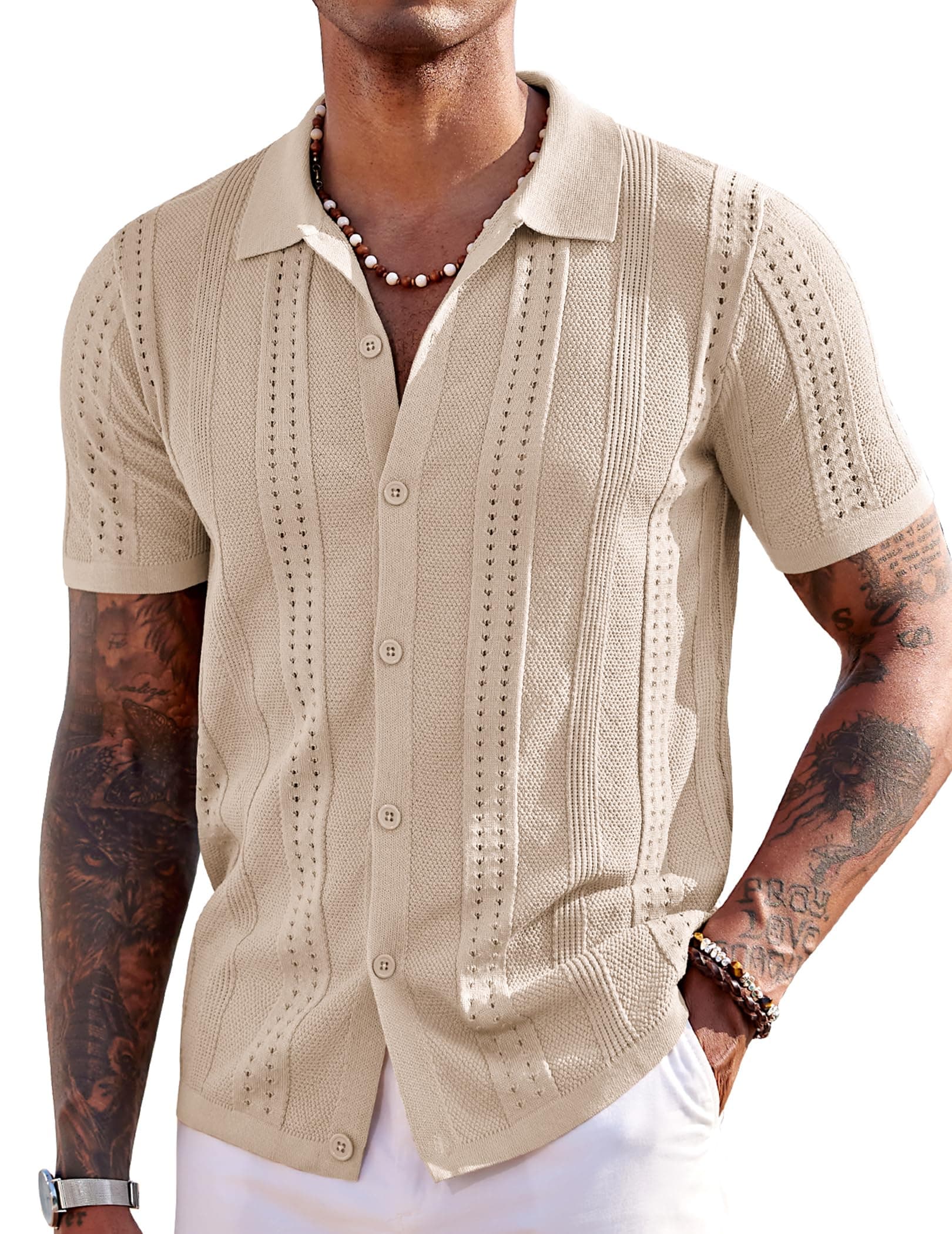 COOFANDY Men's Knit Shirts Short Sleeve Button Down Polo Shirt Fashion Casual Summer Beach Shirts