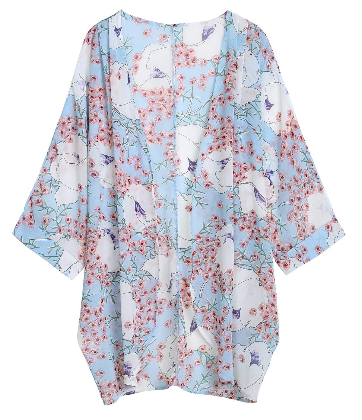 OLRAIN Women's Floral Print Sheer Chiffon Loose Kimono Cardigan Capes (Small, Light Blue)