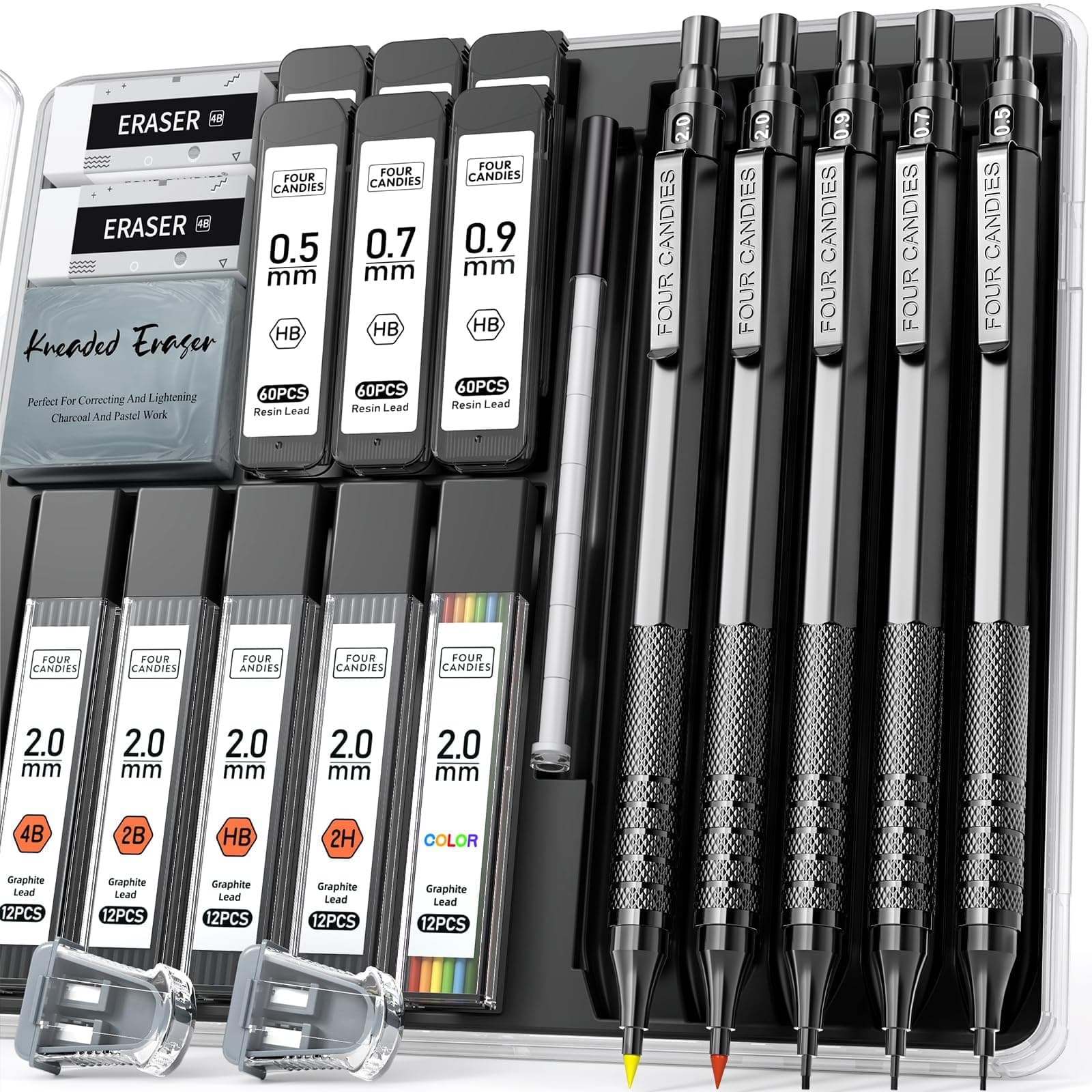 our Candies Mechanical Pencil Set Black, 3PCS Metal Lead Pencils 0.5, 0.7, 0.9MM & 2PCS 2MM Art Drafting Pencil Set (4B 2B HB 2H Color) with 420PCS Refills for Writing Sketching Drawing