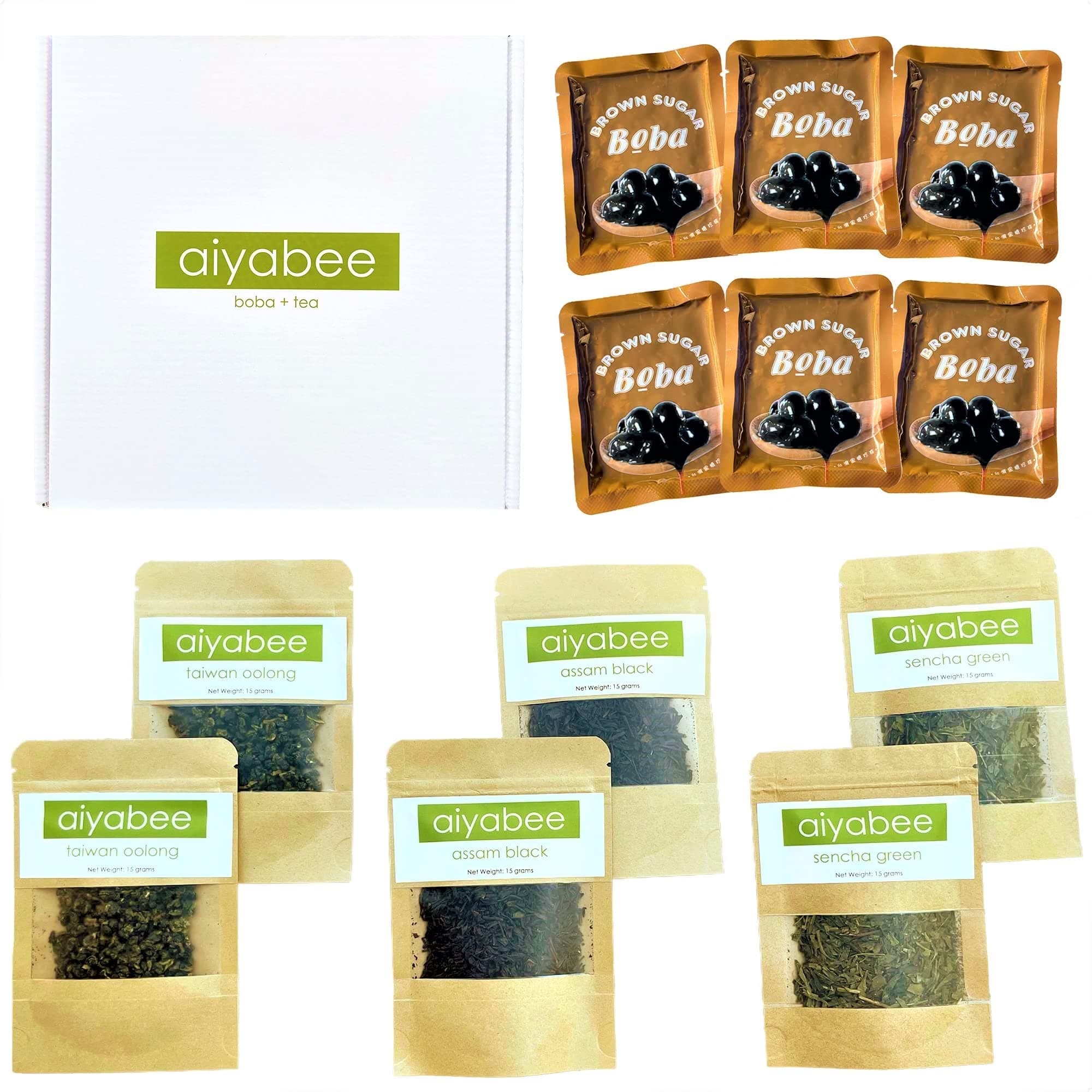 Aiyabee Milk Tea Boba Kit | Instant Brown Sugar Boba | Premium Loose Leaf Tea (Assam Black, Taiwan Oolong, Sencha Green) | DIY Bubble Tea Kit with Fill Your Own Tea Bags & Boba Straws