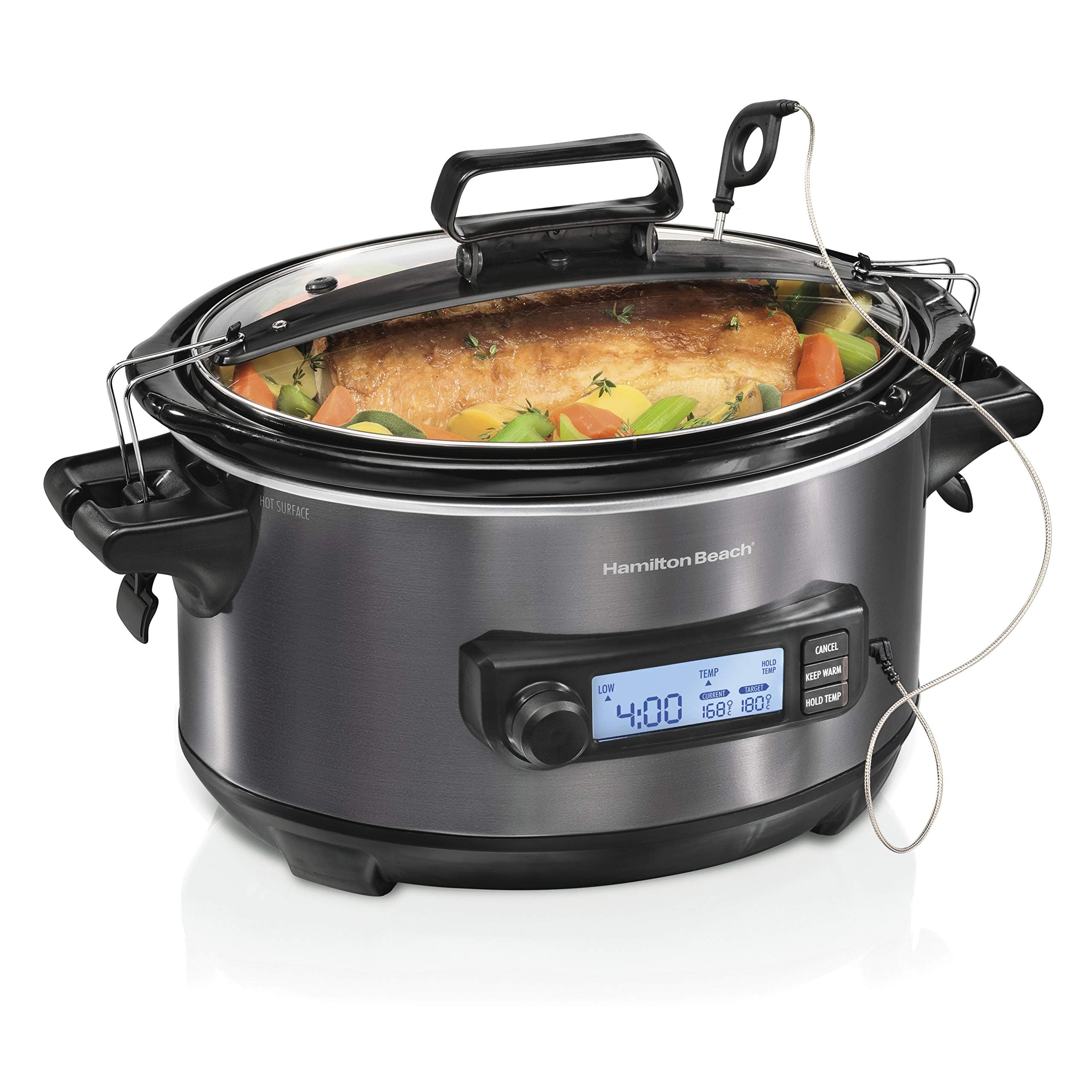 Portable 6 Quart Set & Forget Digital Programmable Slow Cooker with Lid Lock, Temperature Probe, Dishwasher Safe Crock & Lid, Black Stainless (33866)