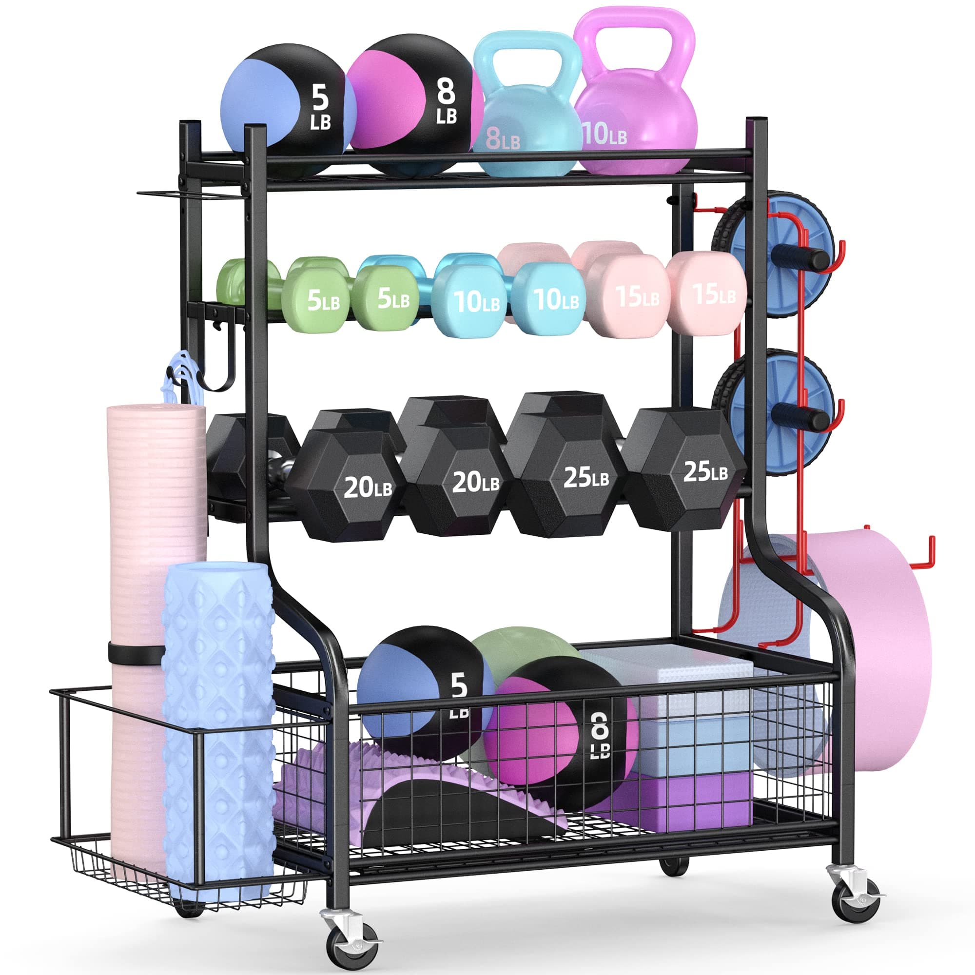 PLKOW Dumbbell Rack, Weight Rack for Dumbbells, Home Gym Storage for Dumbbells Kettlebells Yoga Mat and Balls, All in One Workout Storage with Wheels and Hooks, Powder Coated Finish Steel