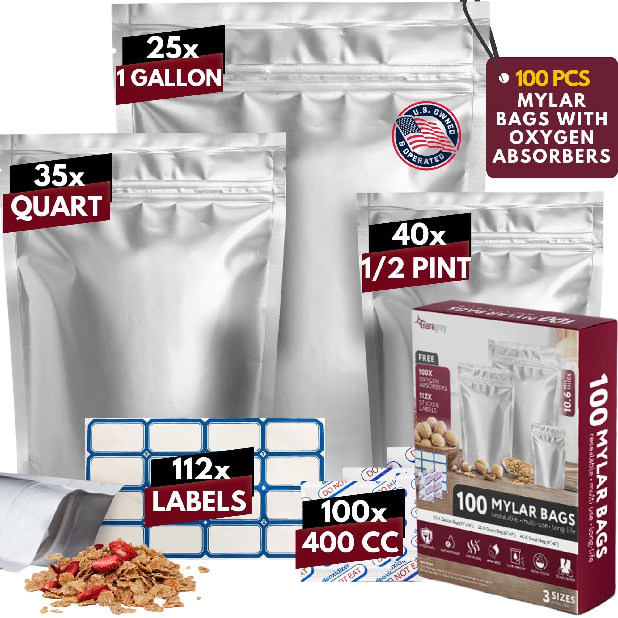 100 Pack Mylar Bags with Oxygen Absorbers - 11 MIL Thick 3 Sizes - 25x1 Gallon 35x1 Quart 40x1/2 Pint - Reusable Aluminum Foil Sealable Mylar Food Storage Bags & 112 Labels, Sealable Smell Proof
