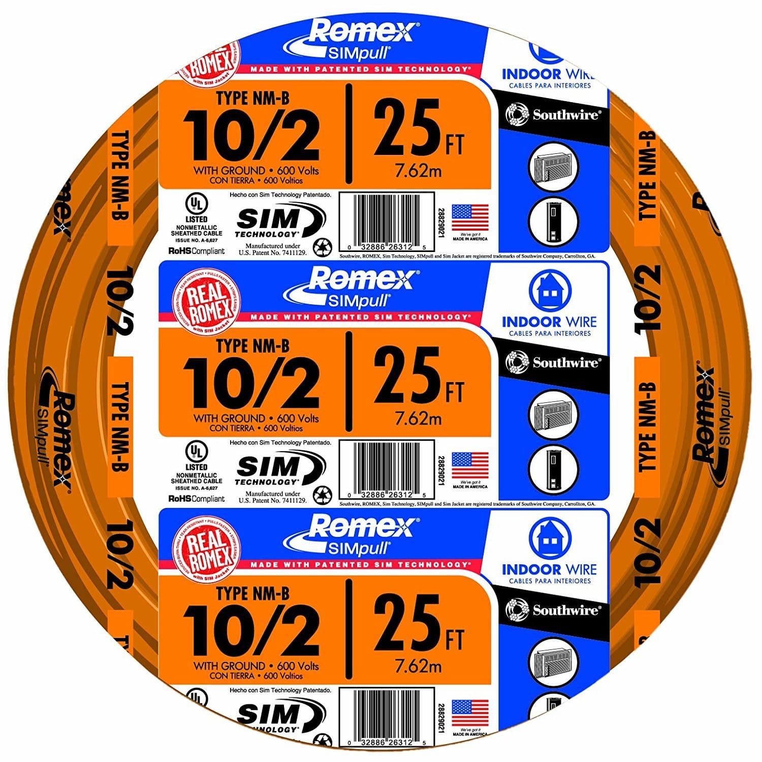 28829021 25' 10/2 with ground Romex brand SIMpull residential indoor electrical wire type NM-B, Orange