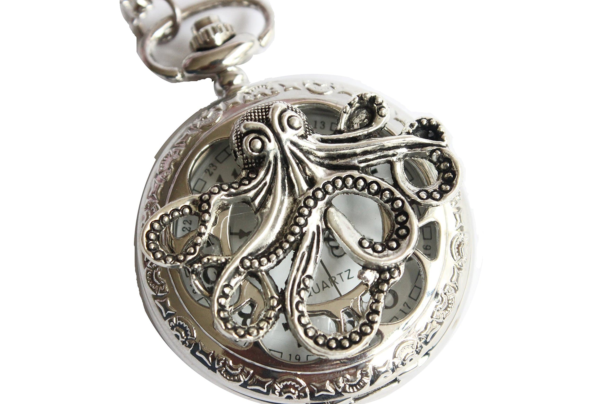 UnknownAncient Silver Octopus Silver Pocket Watch, Cute Big Octopus Pocket Watch Necklace Mens Jewelry