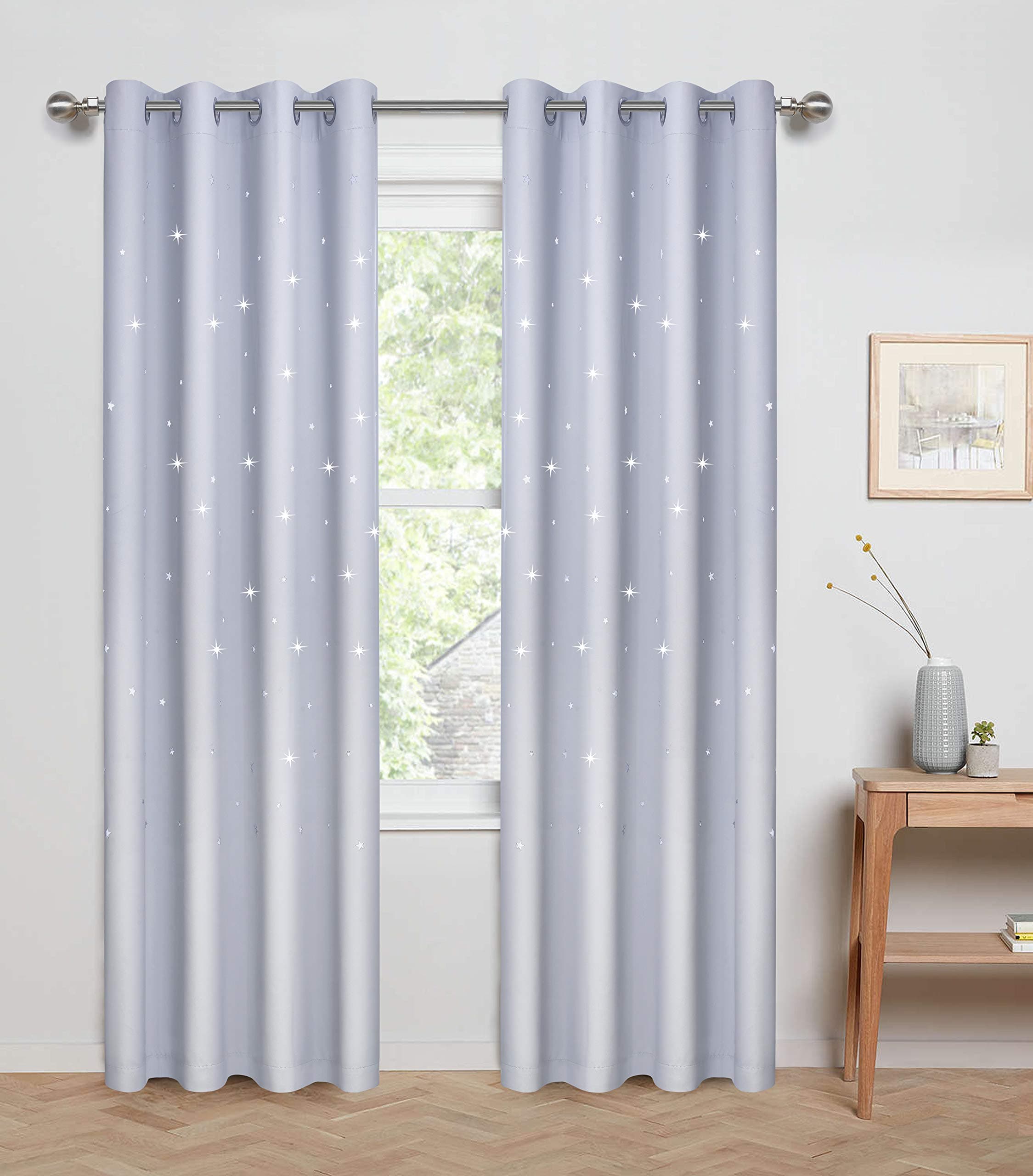 Anjee Laser Cutting Out Stars Blackout Curtains for Kids Room, Elegant Grommet Window Curtains for Room Darkening and Noise Blocking (2 Panels, W52 x L84, Greyish White)