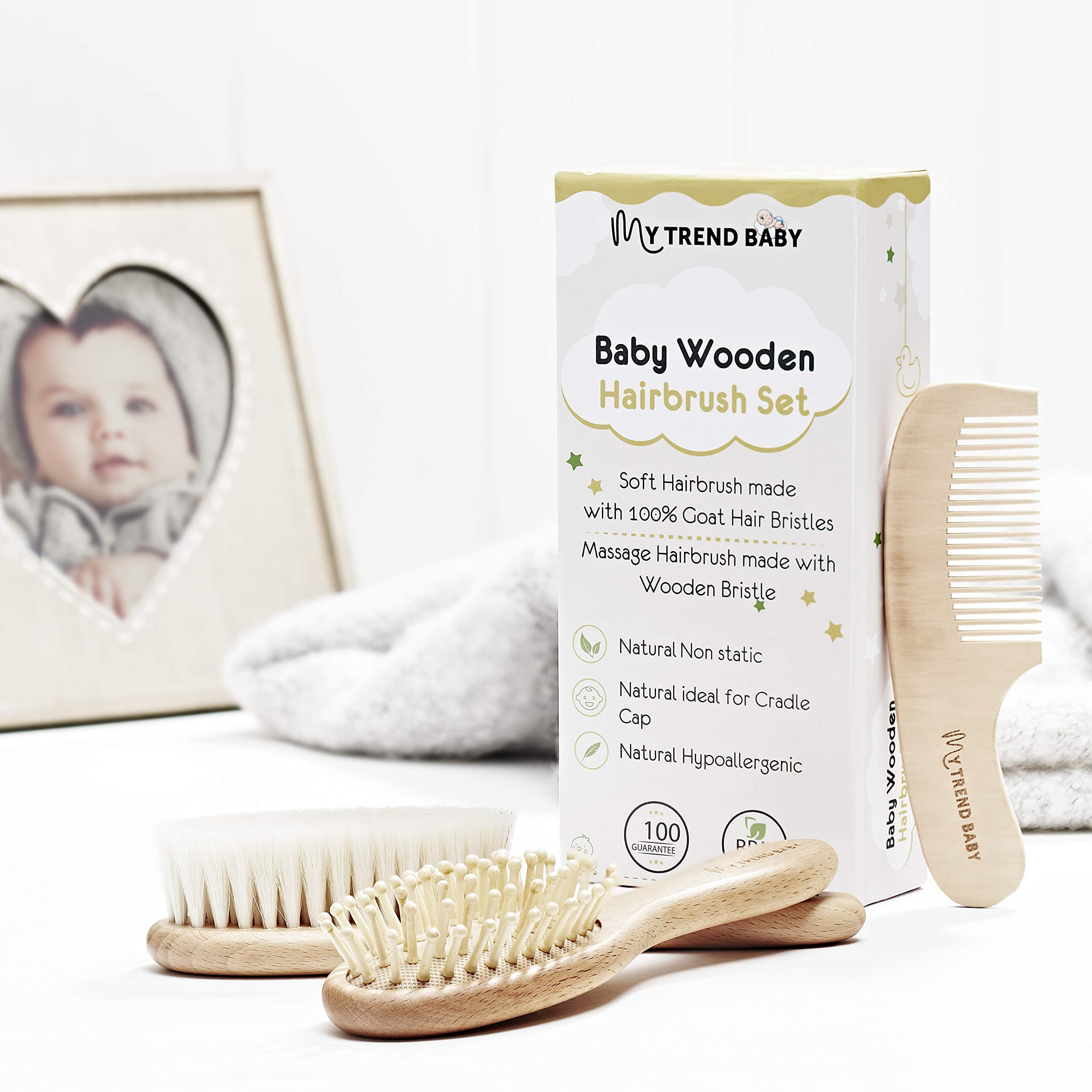 Baby Hair Brush and Comb Set of 3 MyTrendBaby. Soft Goat Bristles for Cradle Cap Treatment in Newborns, Babies, Toddler and Children. Natural Wood, No BPA, Baby Shower Present