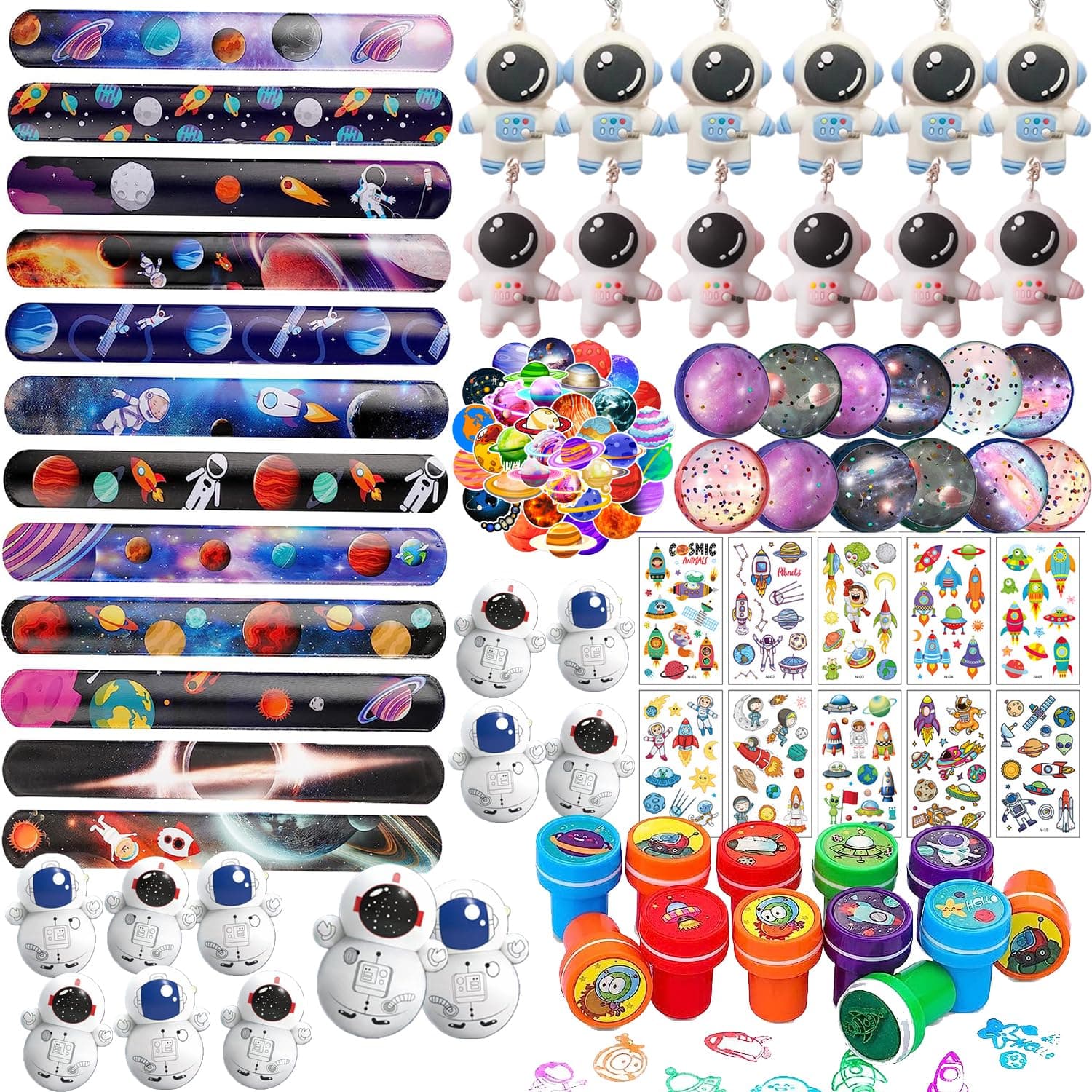 Hystyfu 118Pcs Space Party Favors Space Toys Kids Tattoos Stickers Stamp Keychains Tumbler Slap Bracelet Toy for Kids Galaxy Birthday Party Supplies Pinata Stuffer Treat Gift Goodie Bag Filler