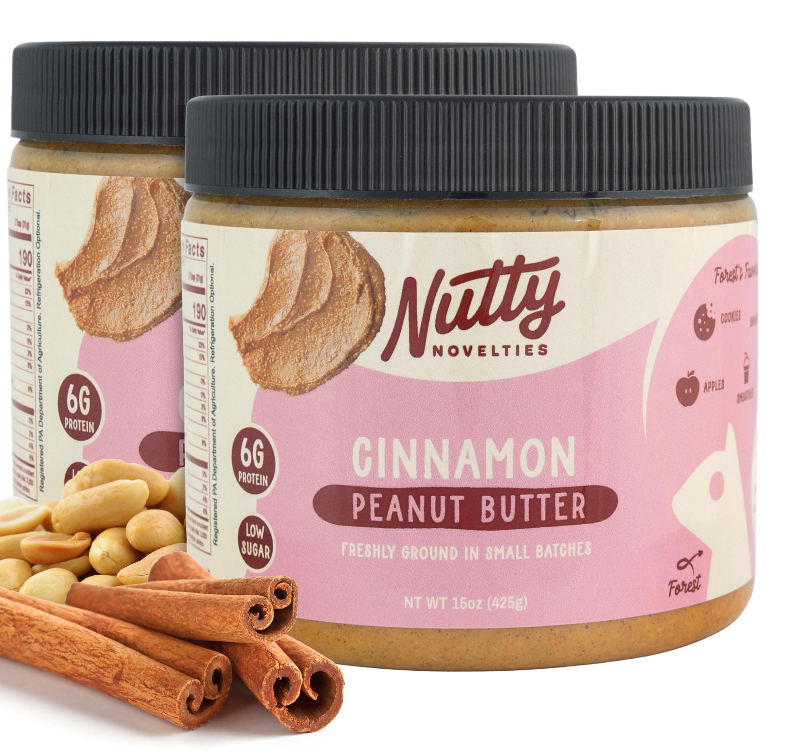 Nutty Novelties Cinnamon Peanut Butter - High Protein, Low Sugar Healthy Peanut Butter - All-Natural Peanuts Free of Cholesterol, Preservatives & Salt - 2 x 15 Ounces