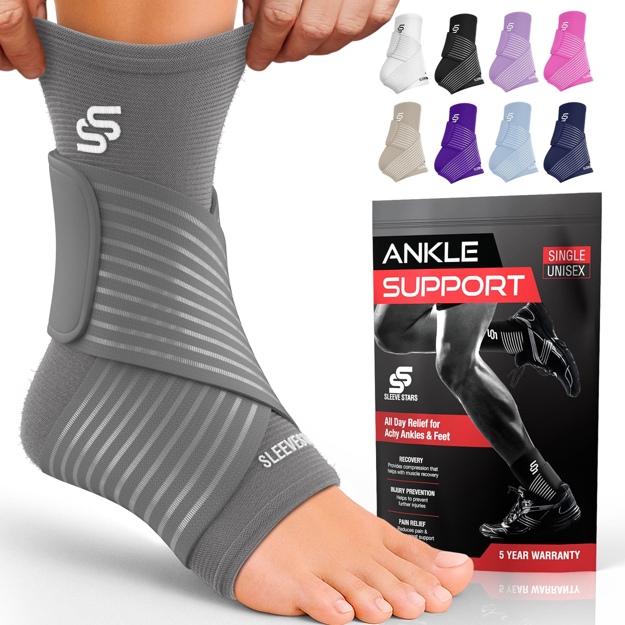 Sleeve Stars Ankle Brace for Women & Men, Ankle Wrap for Sprain, Compression Sleeve for Plantar Fasciitis Relief, Easy Customizable Support: w/ Removable Strap (Pair/M:10"-12"/Grey)