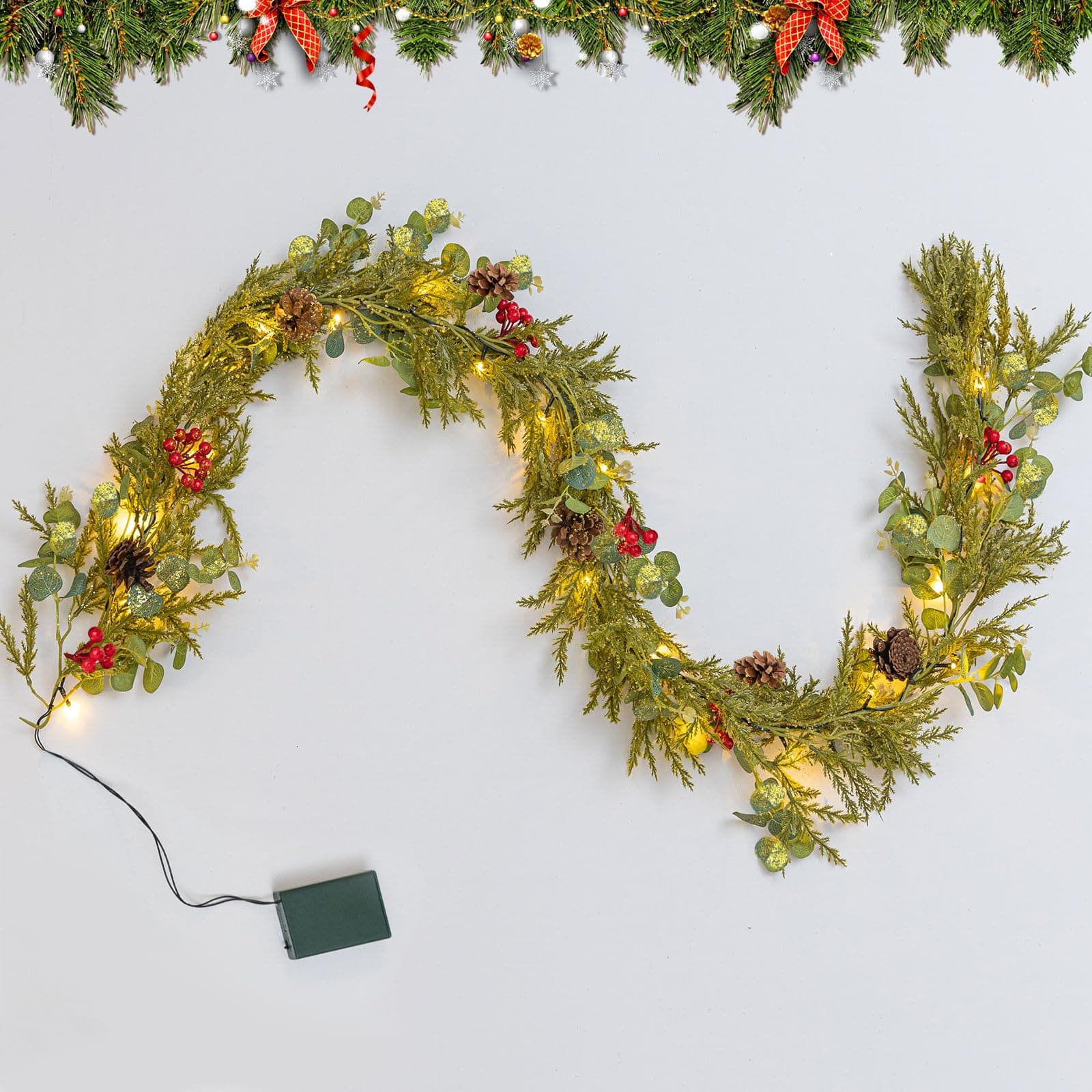 Ethlomoer 6.6FT Pre-lit Christmas Garland with 20 LED Lights, Battery Operated, Lighted Garland with Pine Eucalyptus Gold accents for Mantle Stairs Wall, Indoor&Outdoor, Greenery Garland for Christmas