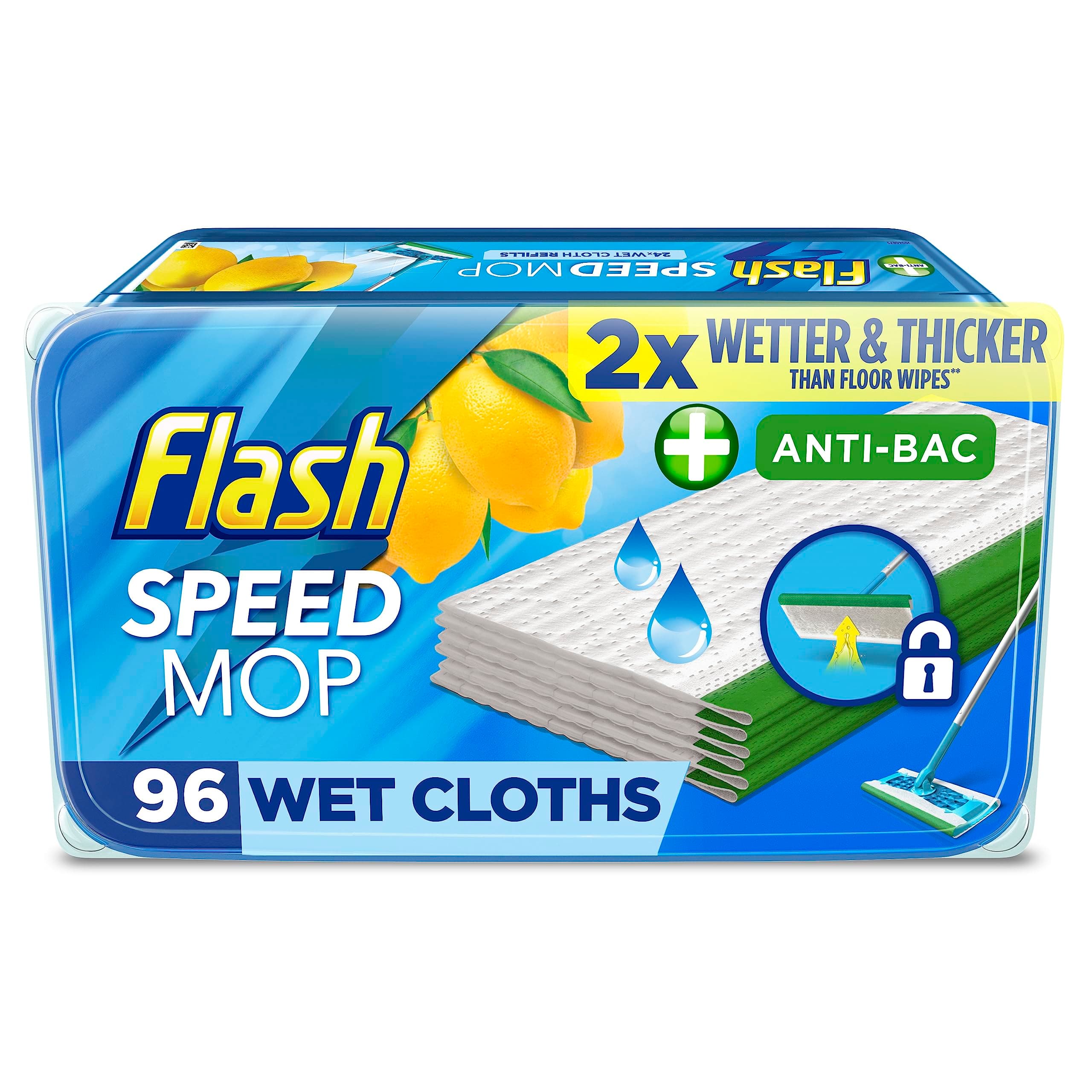 Flash Speedmop Wet Floor Cleaning Wipes, 96 Cloths (24x4), Antibac Lemon Multi-Surface, Trap & Lock Daily Dirt, Grease & Grime Without Getting Down On Your Knees (Package may vary)