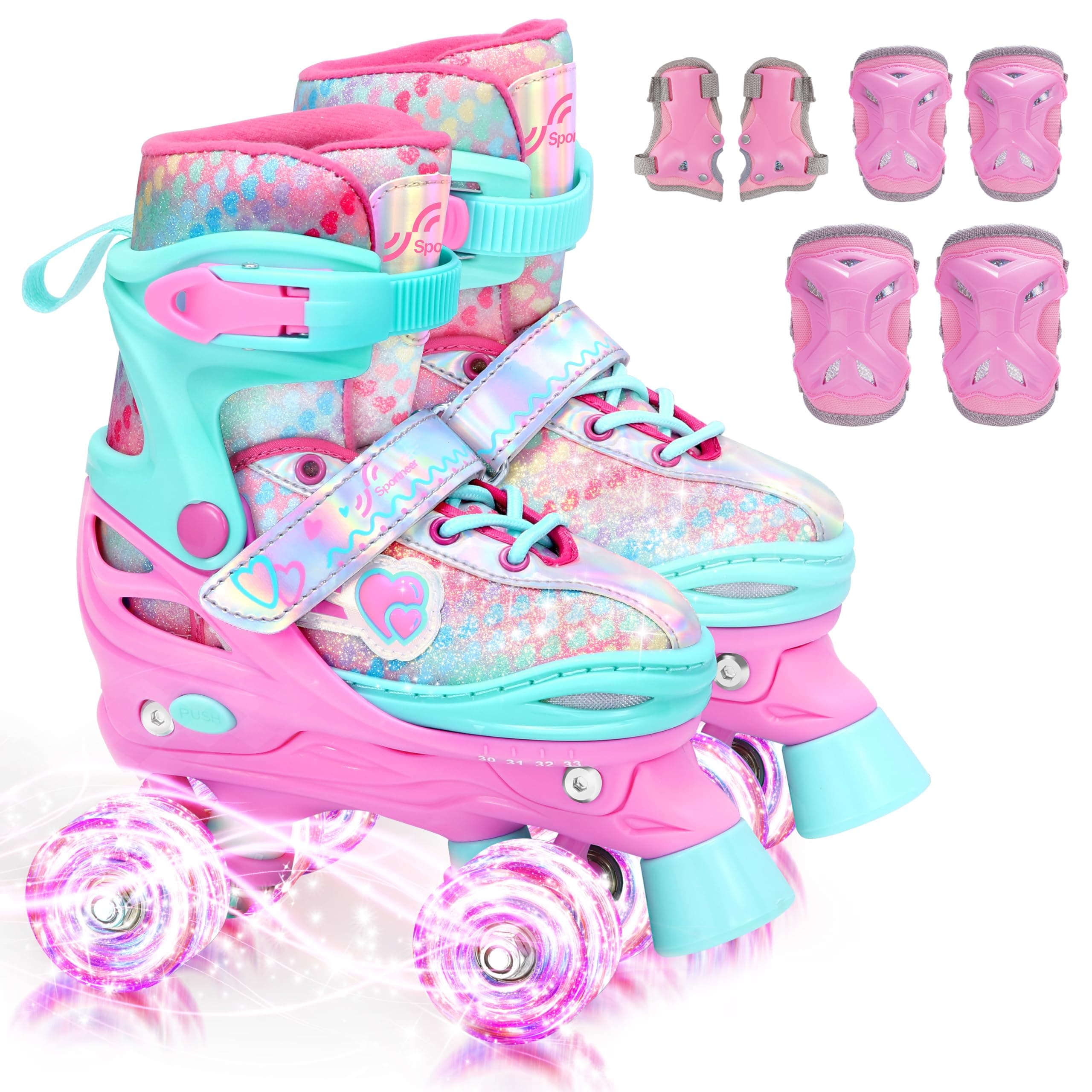 Sportneer Kids Roller Skates: 4 Size Adjustable Quad Skates with Light Up Wheels for 5-8, 8-12 Girls Boys Kids Toddlers Beginners, Birthday Gift with Protective Gear Set for Outdoor Indoor