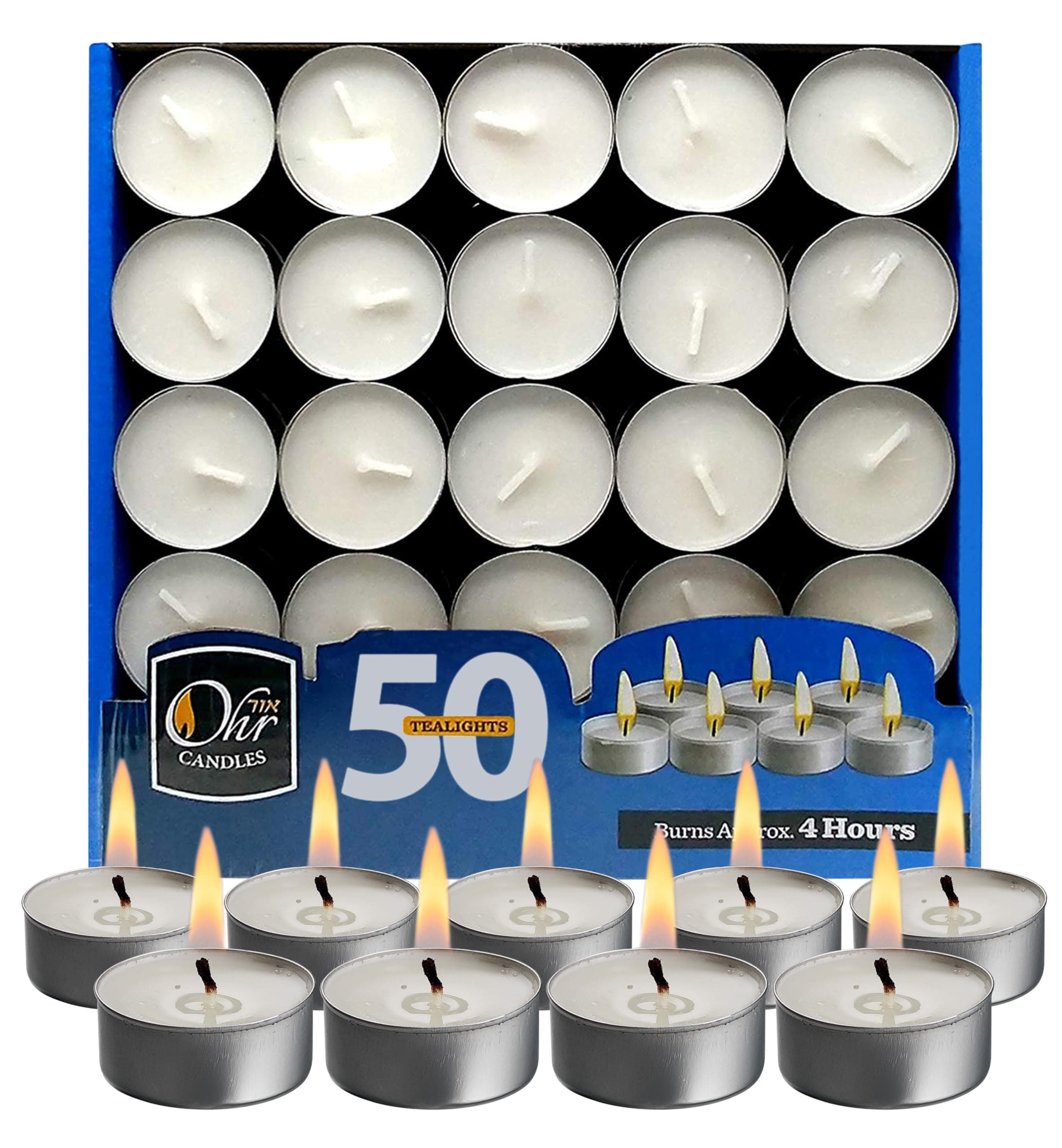 OHR CANDLES Tealight Candles - 50 Pack Bulk Tea Lights Candles - White Tealights Unscented - 4 Hour Burn Time