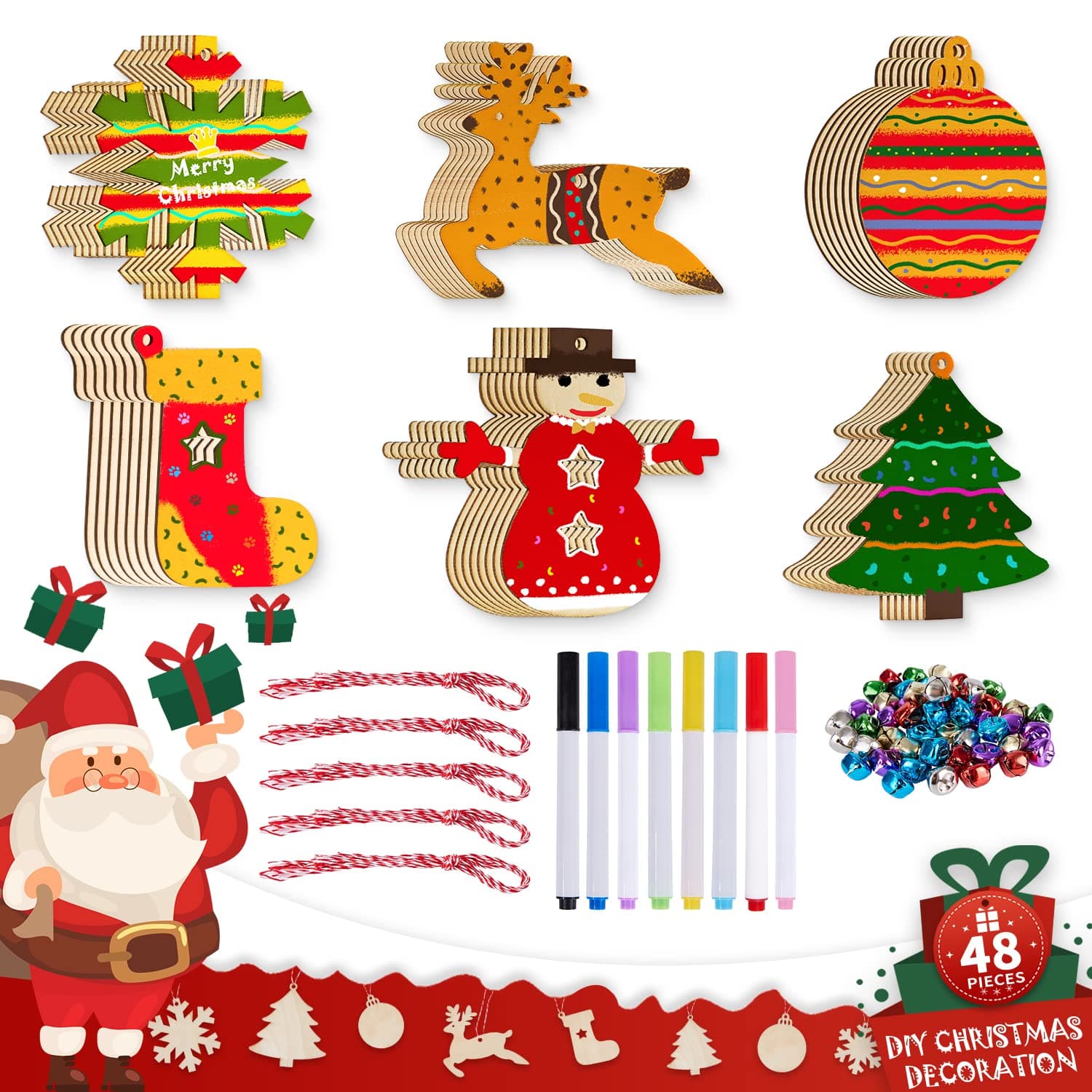 Lanpn Christmas Arts and Crafts Kits, Wooden Xmas Baubles Ornaments Crafting Set for Adults DIY Paint Your Own Decorations Decorate 48pcs