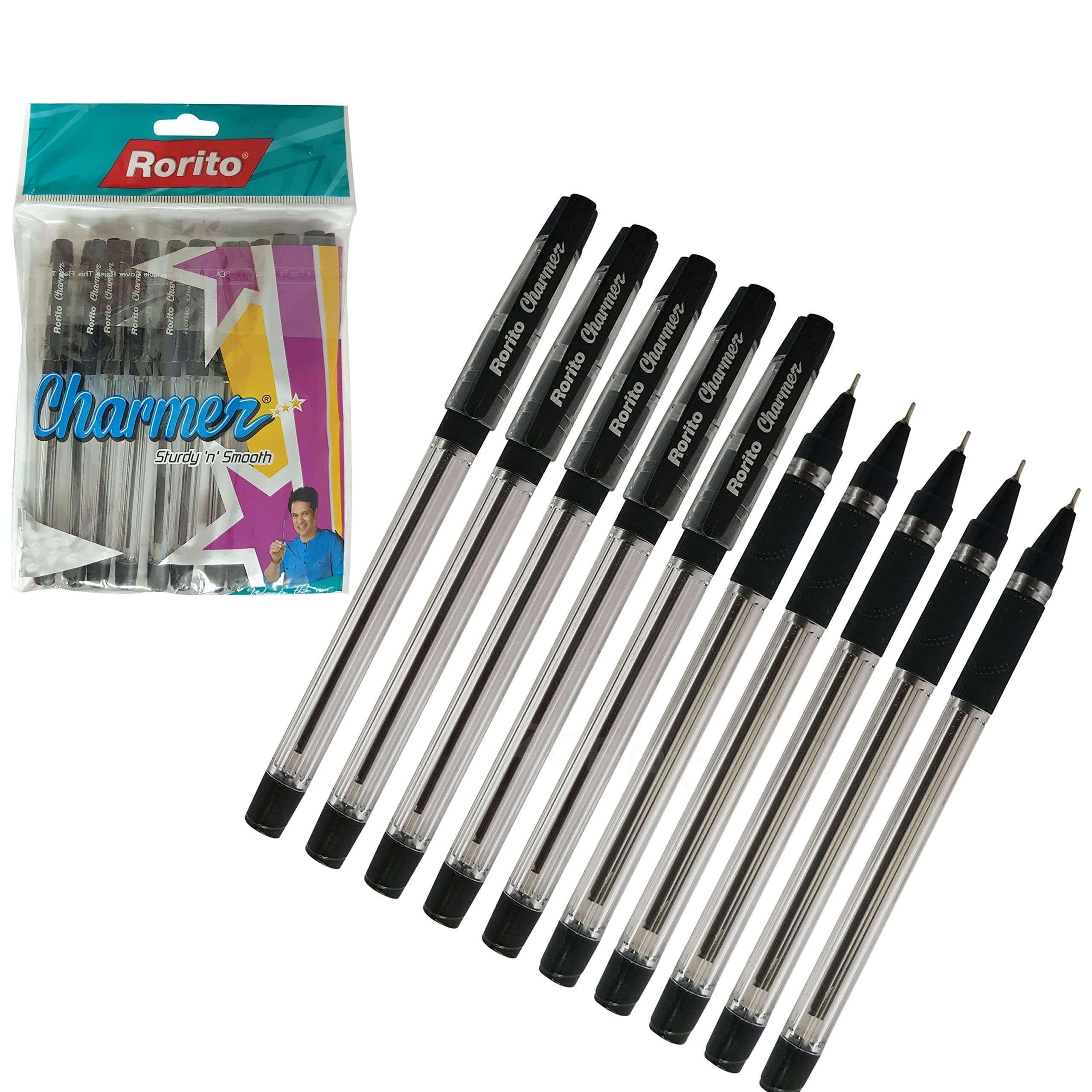 10 x RORITO Charmer BLACK 0.7mm Tip Ballpoint Pens Soft Grip Fast Smooth Writing