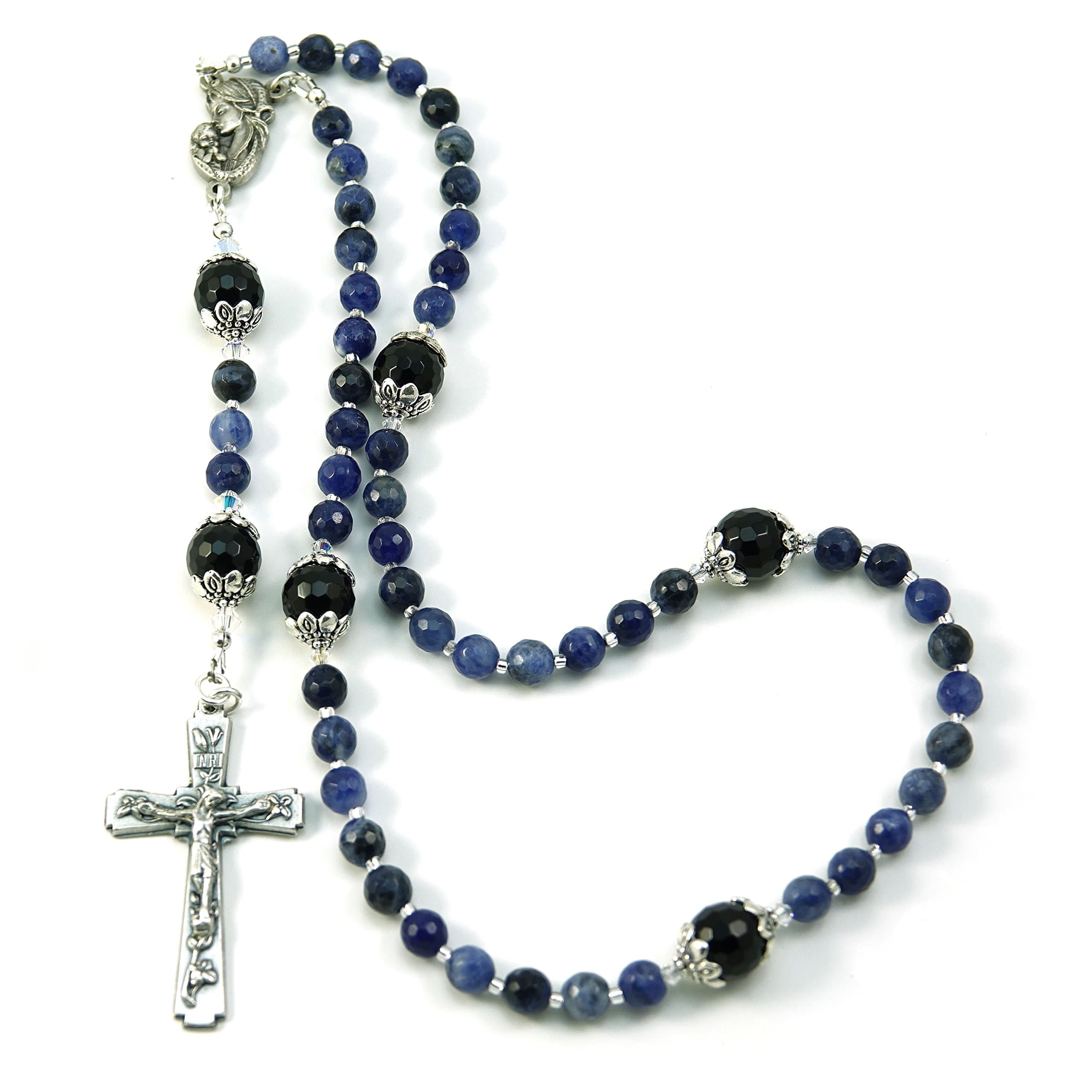 Silver InchesCatholic Prayer Beads Sodalite Gemstone Madonna and Child Rosary Blessed with Anointing Oil (Not a Necklace)