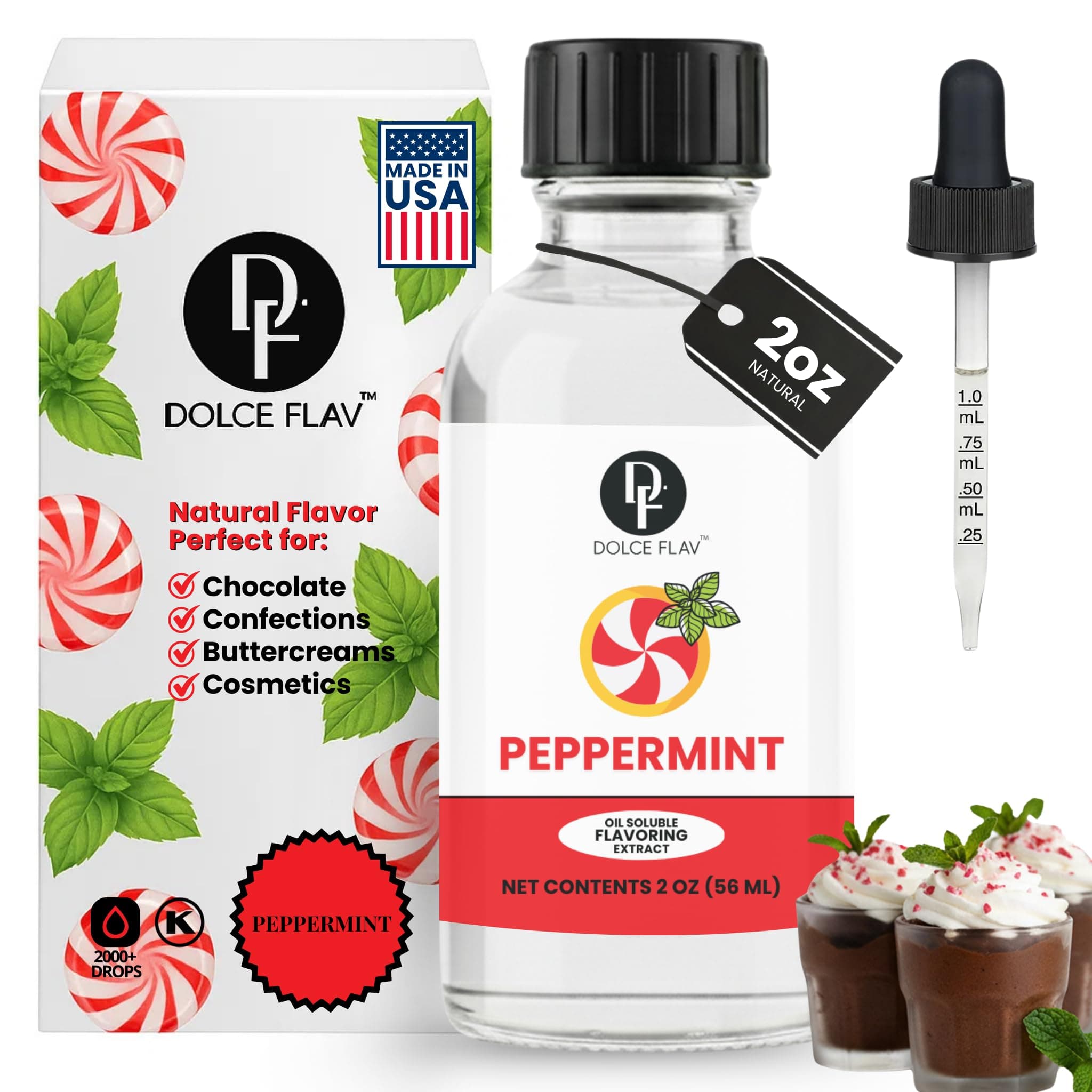 Natural Peppermint Extract – 2 Ounce Oil-Soluble Kosher, Sugar-Free, Concentrated Pure Mint Flavor for Hard Candy, Chocolates & Baking, Includes Measured Dropper