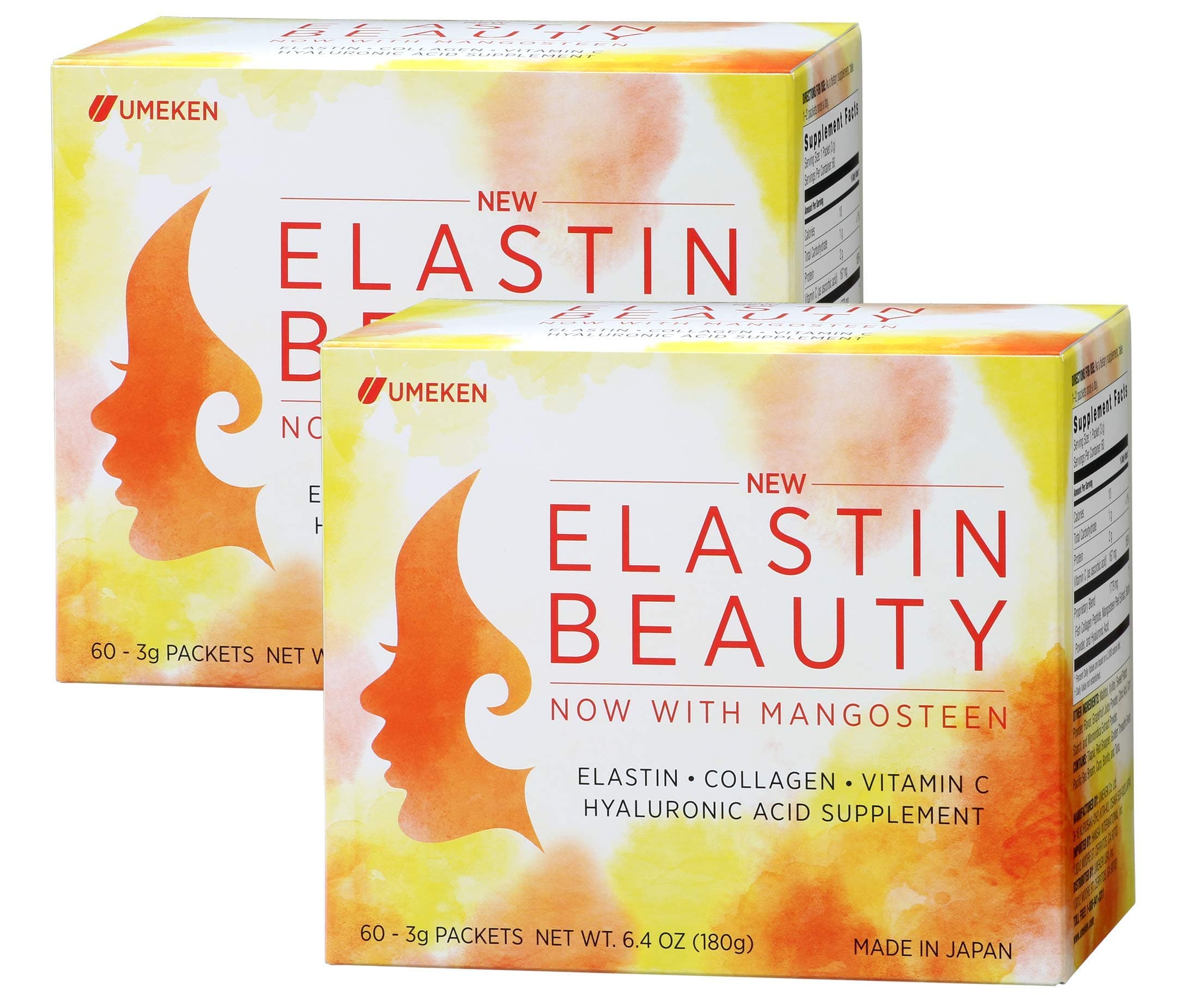 Umeken Elastin Beauty Powder Supplement with Collagen Peptides, Hyaluronic Acid, Vitamin C and Mangosteen Fruit, Women’s Health and Wellness, 2 Month Supply, 120 Packets