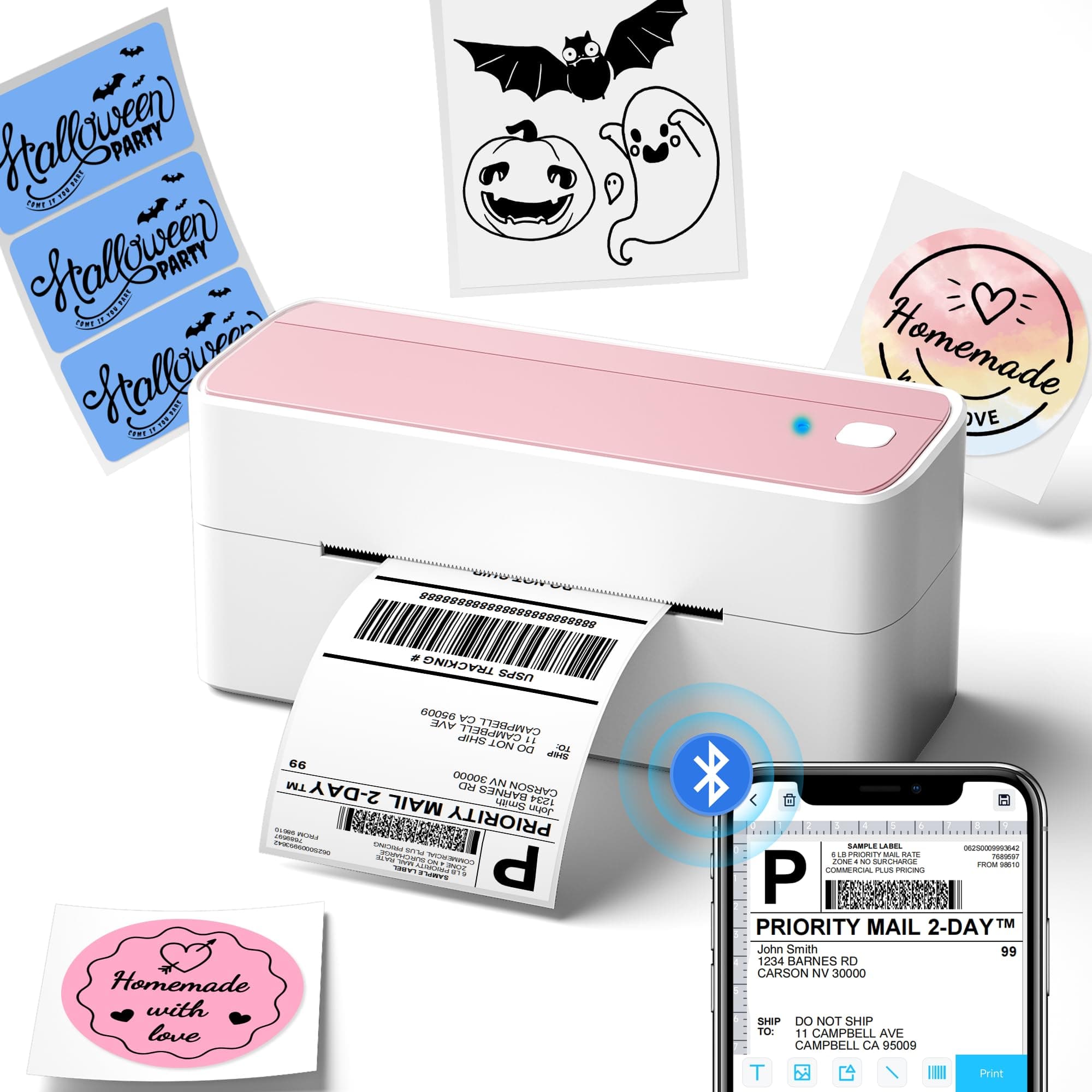 Phomemo Thermal Label Printer, 241BT Supports Wireless Bluetooth and USB connectivity for Small Business, Label Makers for Shipping Packages, Compatible with Amazon, Shopify, UPSP, Pink
