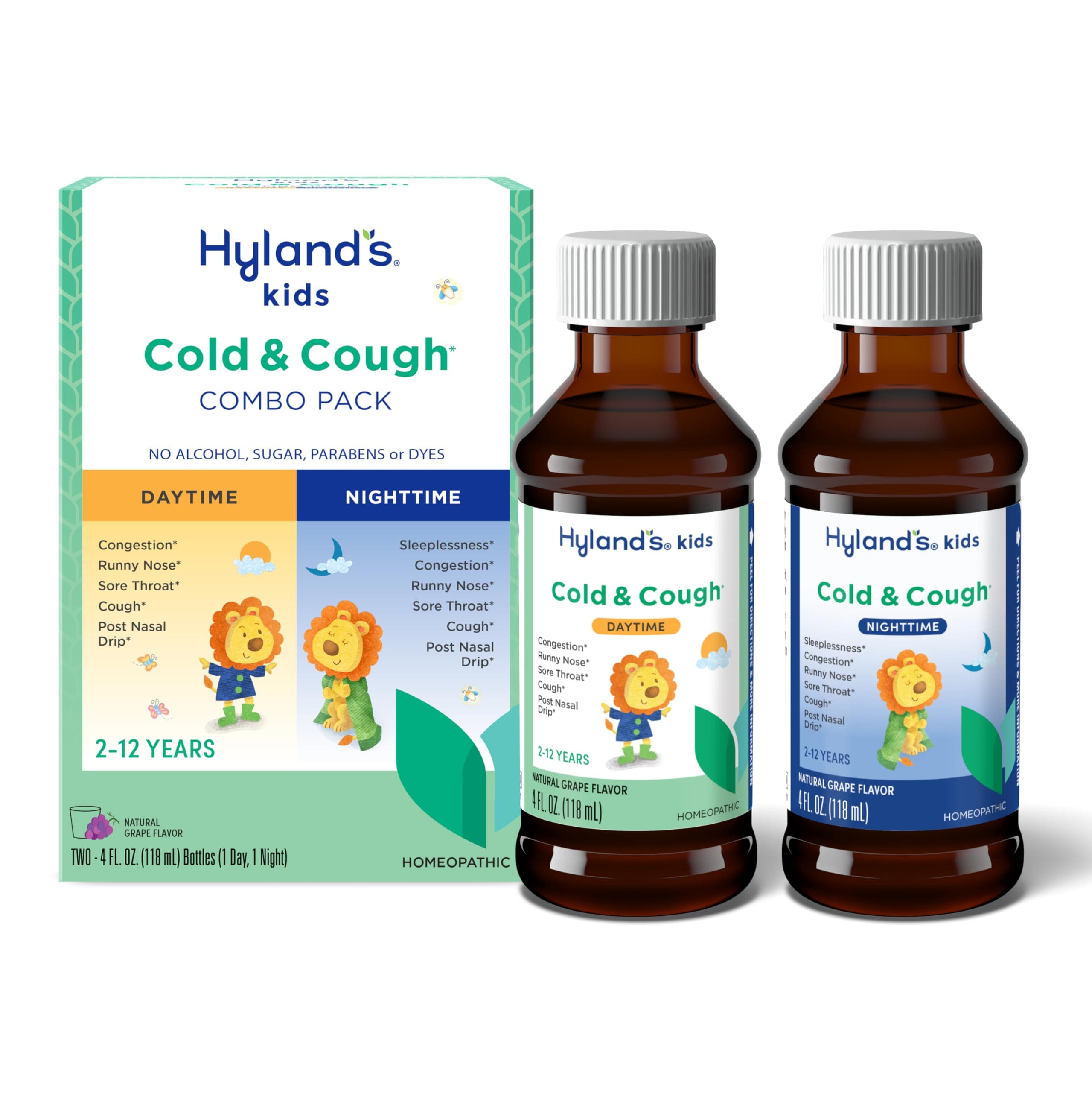 Kids Cold and Cough, Day and Night Combo Pack, Cold Medicine for Ages 2 and up, Grape Flavor Syrup Cough Medicine for Kids, Nasal Decongestant, 4 Fl Oz (Pack of 2)