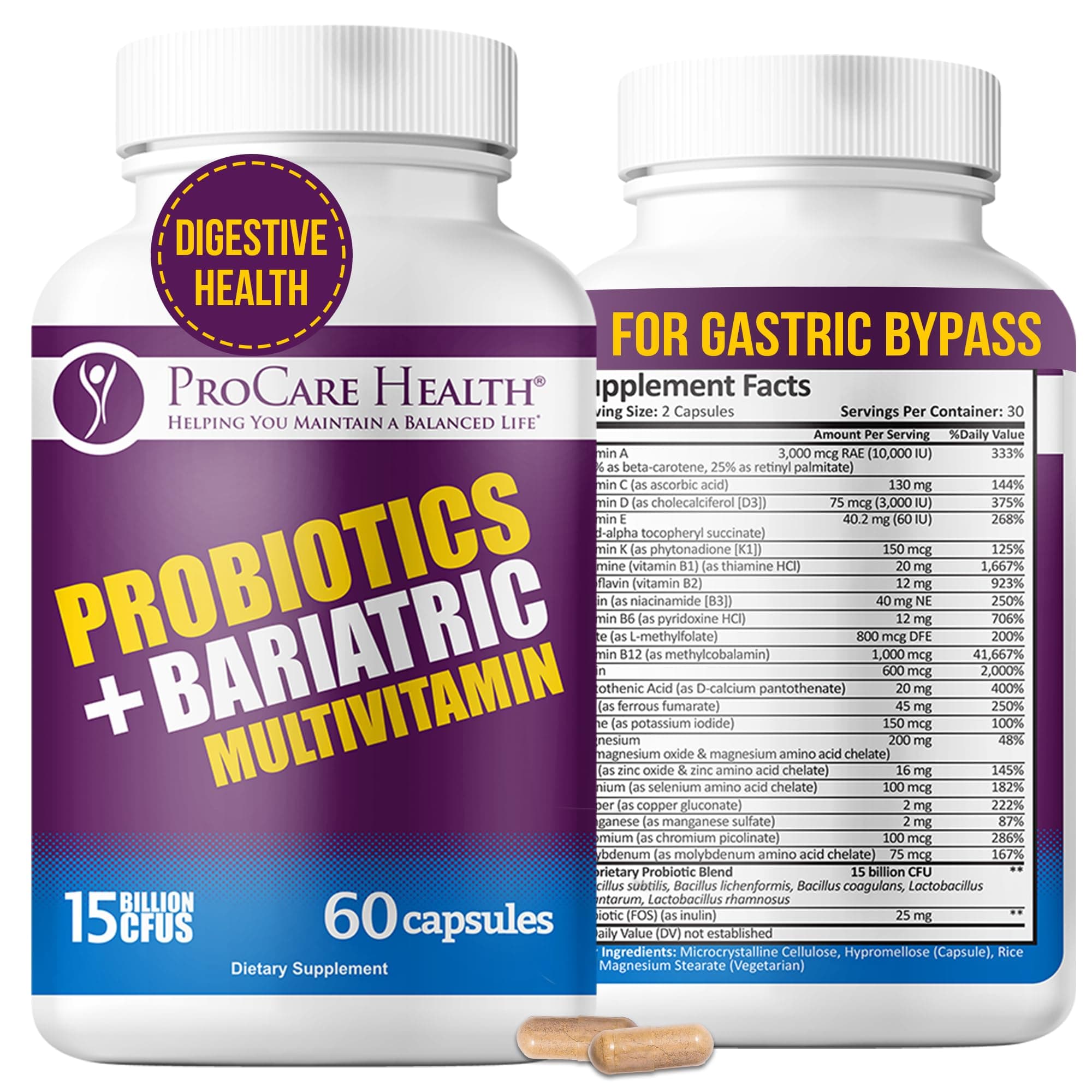 ProCare Health Probiotic Bariatric Multivitamin with Iron 45mg (60 Count) - 15 Billion CFU Bariatric Probiotic Fast Dissolving Veggie Capsules to Support Gut and Immune Health in Bariatric Patients