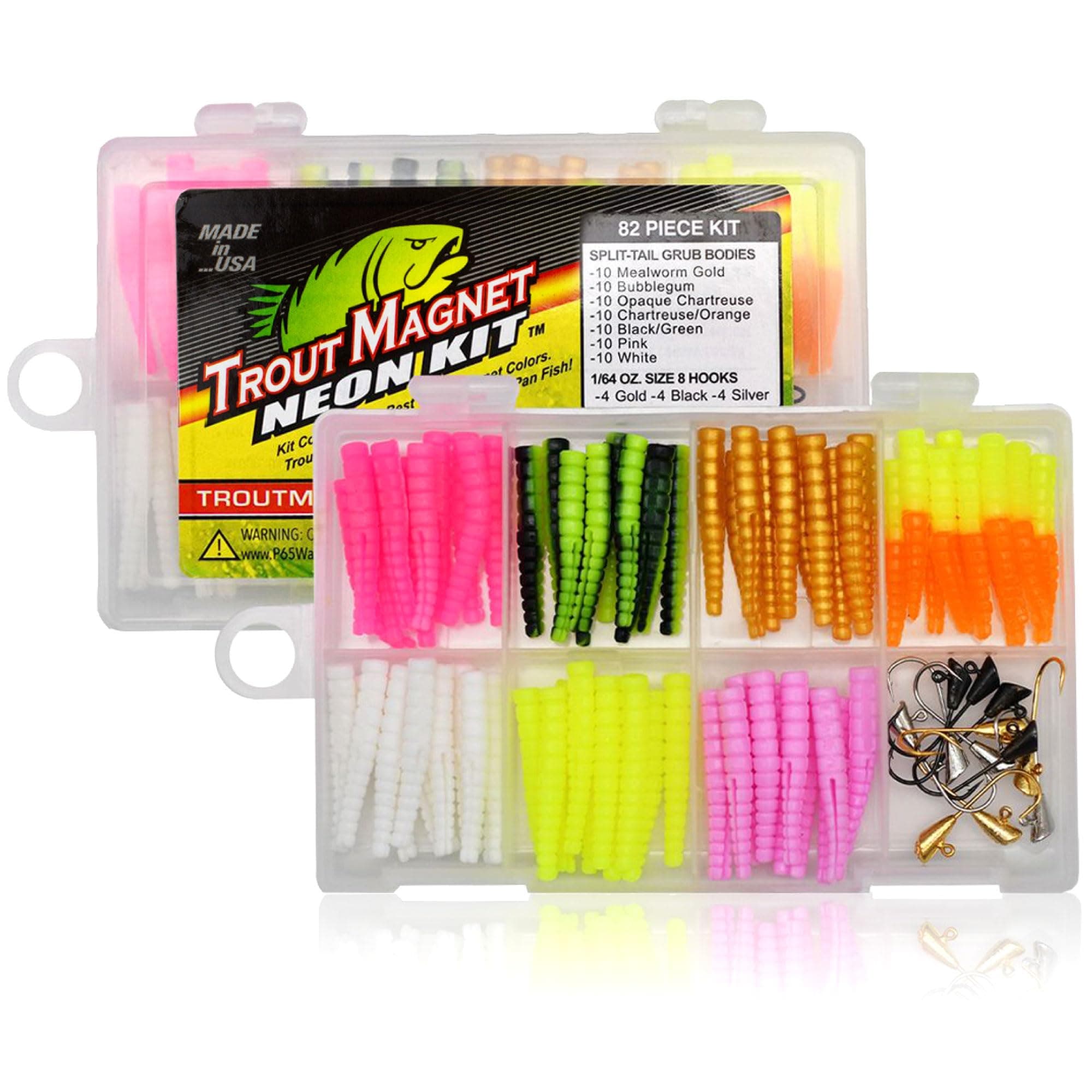 Trout Magnet 82 Piece Neon Fishing Kit, Catches All Types of Fish, Includes 70 Grub Bodies And 12 Size 8 Hooks, Orange,Green,White,Silver
