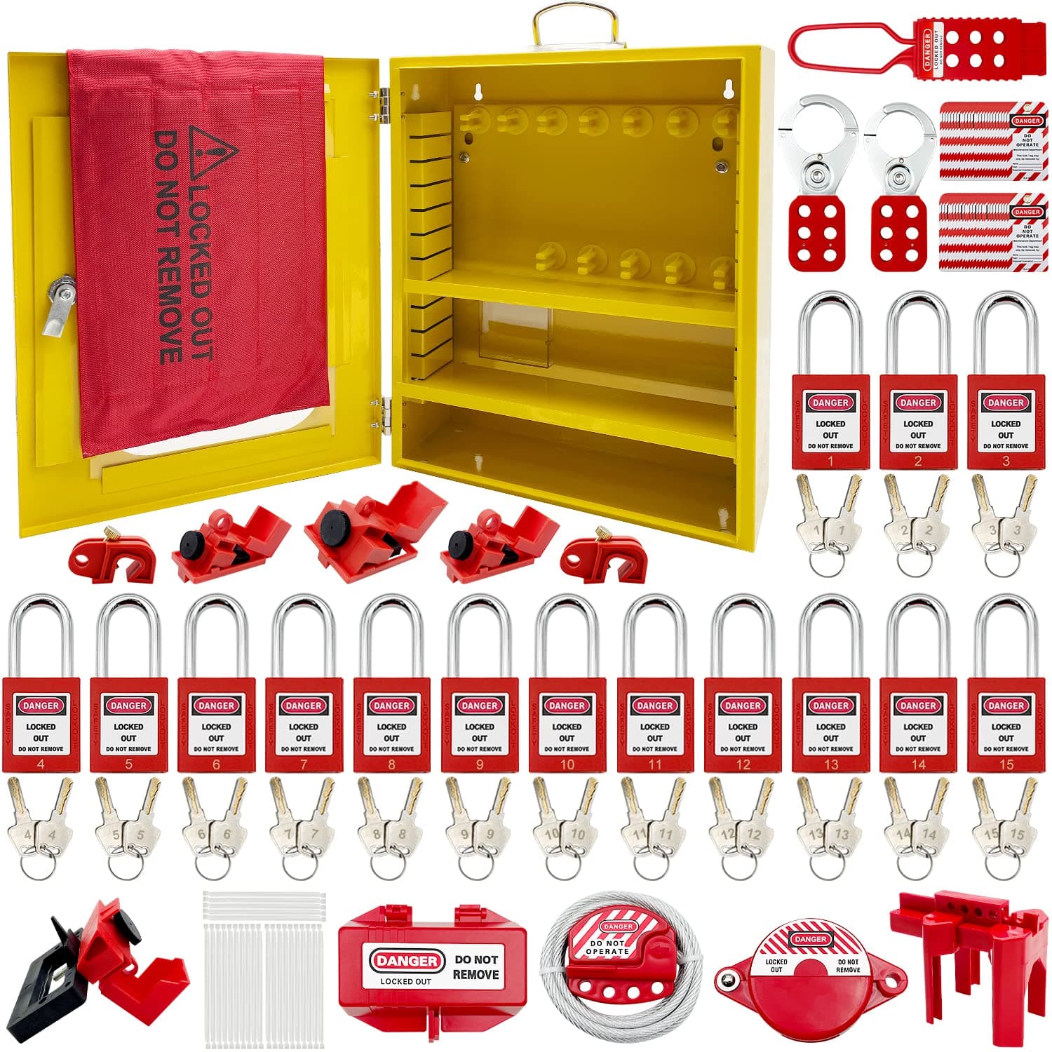 SAFBY Lockout Tagout Station Kit Board Locks 80pcs,Lock Out Tag Out Loto Hasps,Tags,Circuit Breaker Lockout,Ball Valve Lockout,Electrical Plug Lockout,Steel Cable Lockout (Big Yellow Station)
