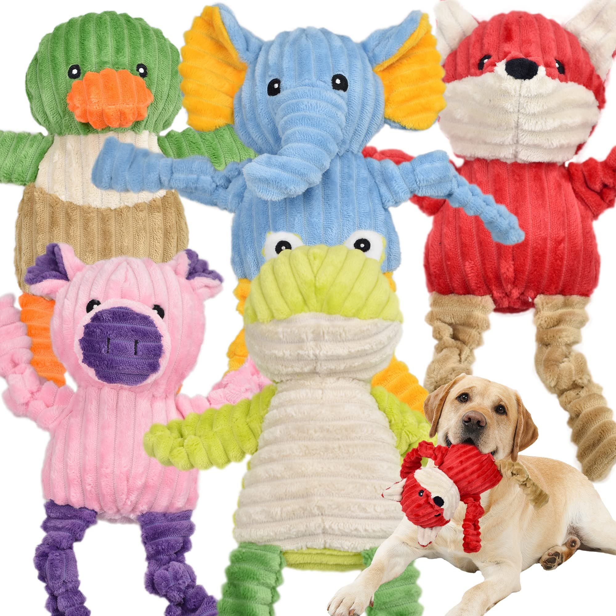 5-PACK Squeaky Dog Toys, Cute Tough Plush Animal Dog Toys for All Breed Size Aggressive Chewers, Cuddly Soft Stuffed Dog Chew Toys Bundle for Large Medium Small Puppy Dogs