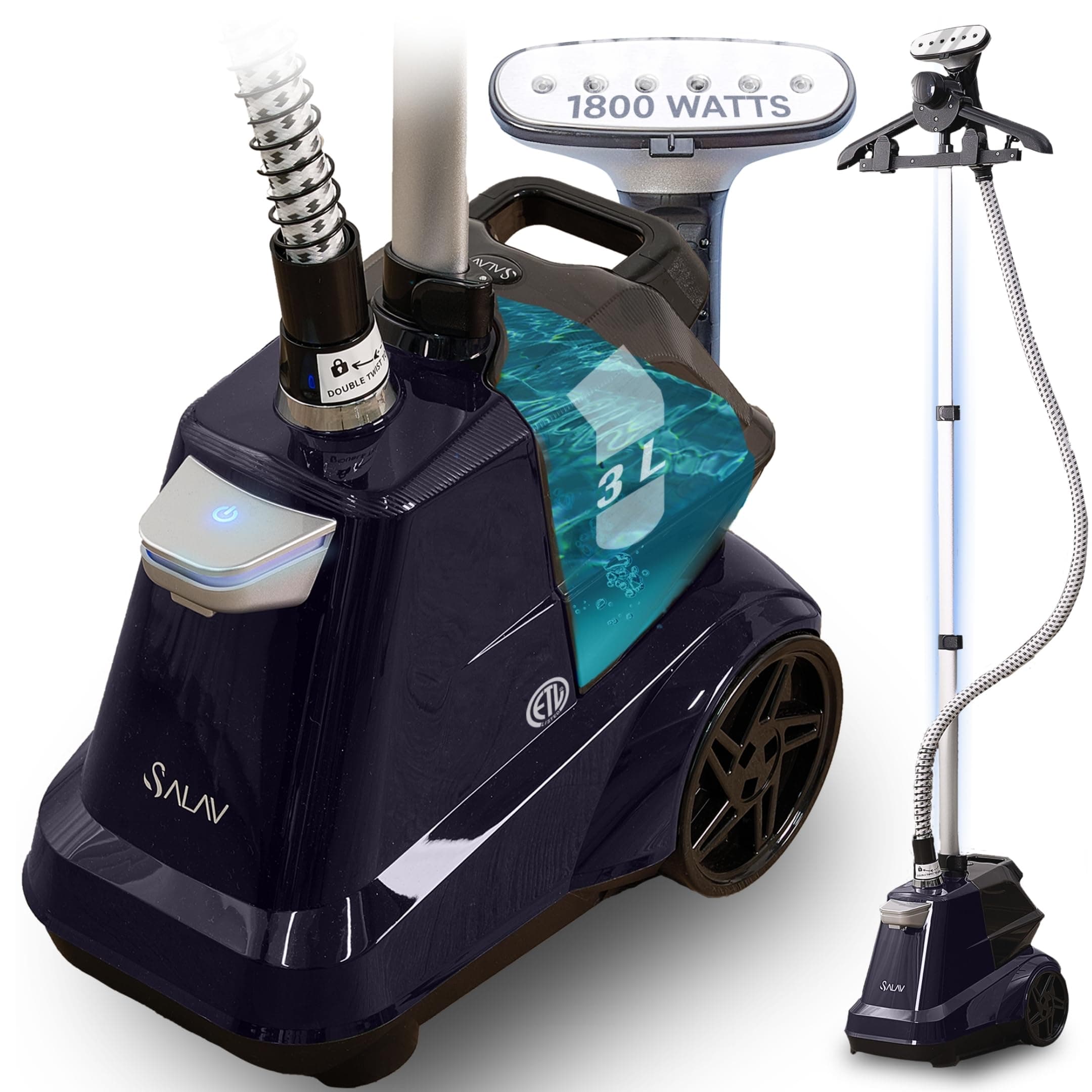SALAV® X3A Heavy Duty Commercial Full-Size Garment Steamer with Foot Pedals and Extra Large 3L (101.5 oz) Water Tank, 1800 watts, 90+min of Continuous Steam (Navy)