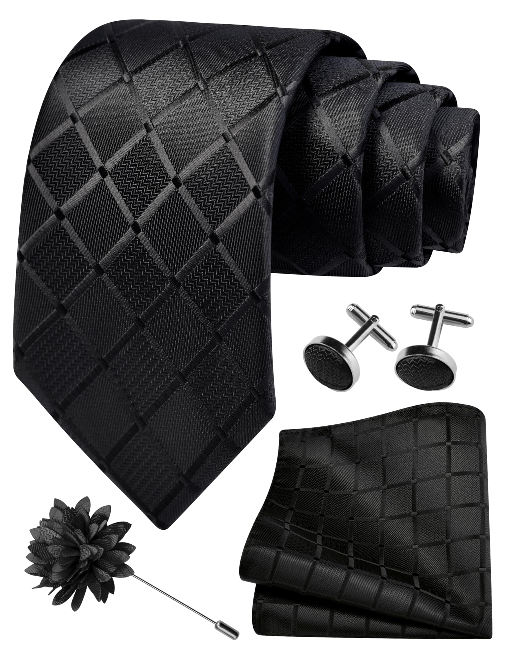 GUSLESON3.15"（8cm） Mens Tie and Lapel Pin Plaid Checkered Necktie Hankerchief Cufflinks Set for Men