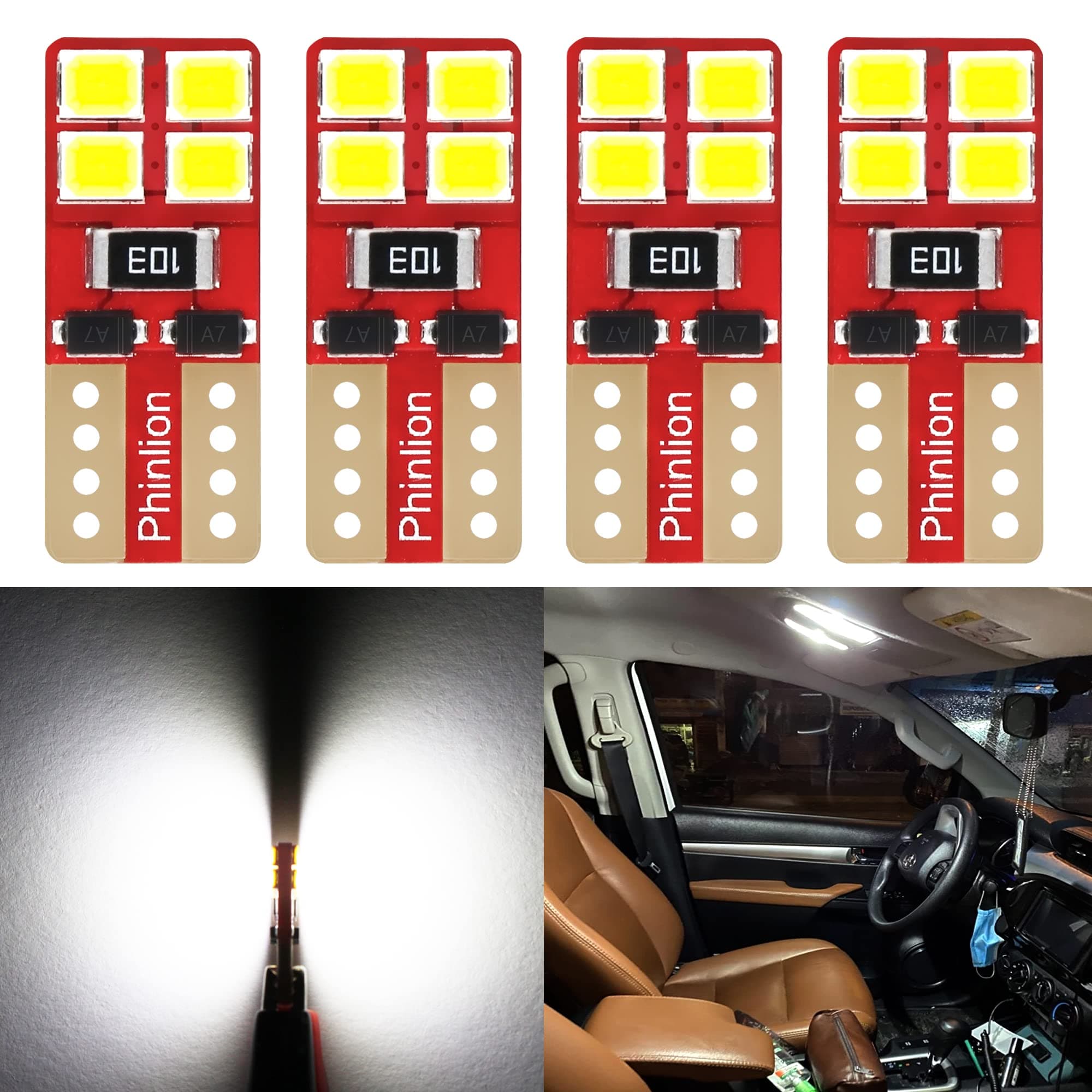PHINLION 194 LED Light Bulb 6000K White, Super Bright 168 2825 W5W T10 Wedge 8-SMD Chipsets LED Replacement Bulbs for Car Dome Map Door Courtesy License Plate Dash Instrument Lights, Pack of 4