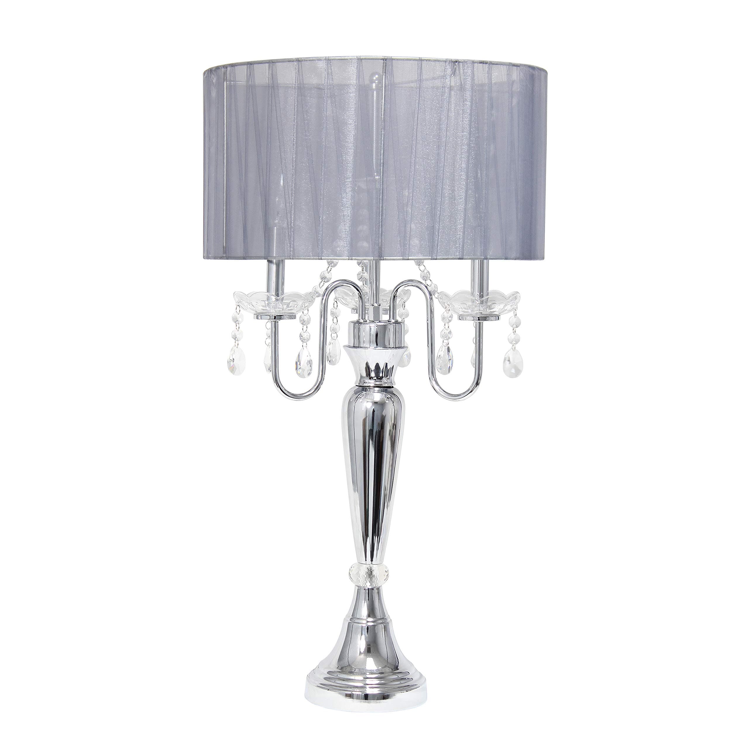 Elegant Designs LT1034-GRY Romantic Sheer Shade Hanging Crystals Table Lamp, Gray